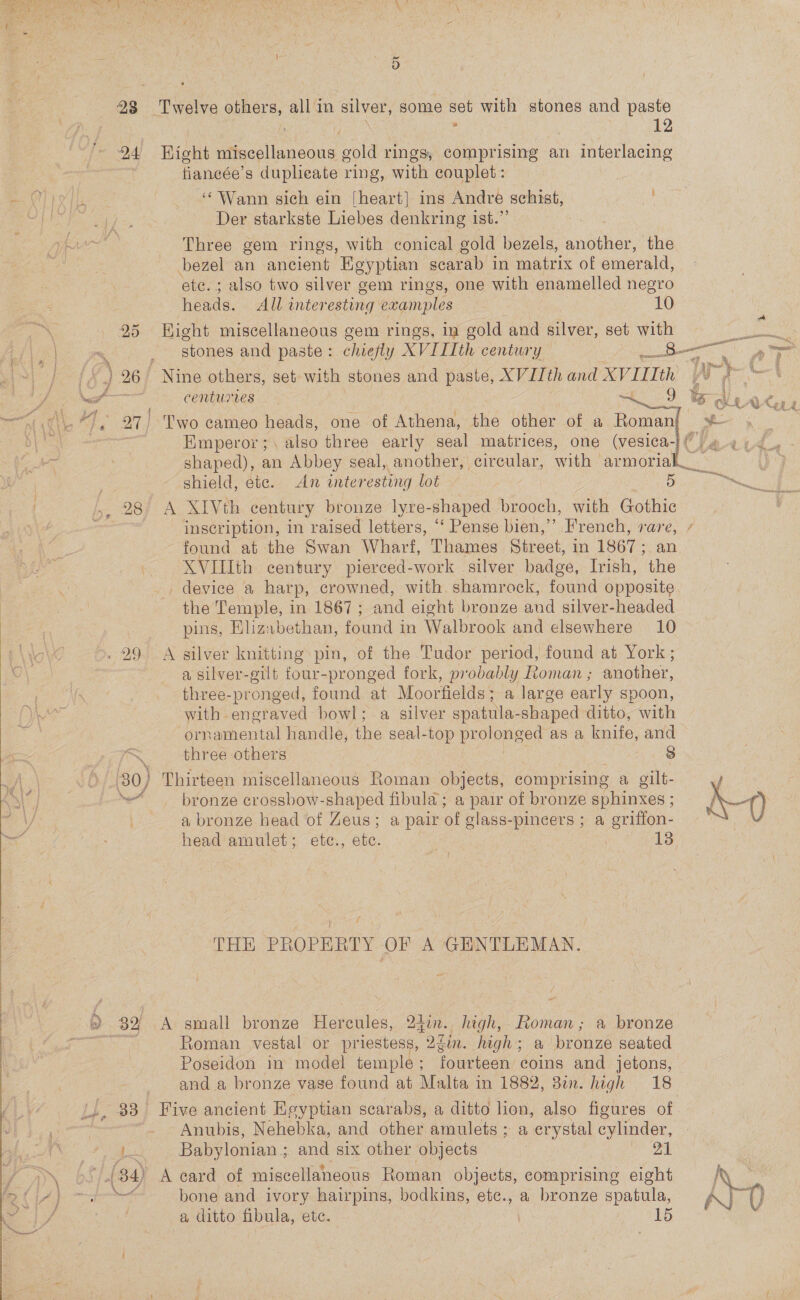  t 4 . 5 a] 12 fiancée’s duplieate ring, with couplet: “Wann sich ein [heart] ins André schist, Der starkste Liebes denkring ist.”’ bezel an ancient Egyptian scarab in matrix of eme i the rald, heads. All interesting examples 10 stones and paste: chiefly XVILLth century centuvrves an Emperor ;. also three early seal matrices, one (ve Va ee Fs inscription, in raised letters, ‘‘ Pense bien,’’ French, found at the Swan Wharf, Thames Street, in 1867 ; XVUIth century pierced-work silver badge, Irish, device a harp, crowned, with shamrock, found opp the Temple, in 1867; and eight bronze and silver-he pins, Elizabethan, found in Walbrook and elsewhere rare, the osite aded 10 with engraved bowl; a silver spatula- shaped ditto, ornamental handle, the seal-top prolonged as a knife, three others with and 8 gt Ware 32 head amulet; ete., ae | f THE PROPERTY OF A GENTLEMAN. Roman vestal or priestess, 2gin. high; a bronze se 13 ated and a bronze vase found at Malta in 1882, 3%n. high 18 oa Babylonian : and six other objects a ditto Silas ete. 21 15 at 