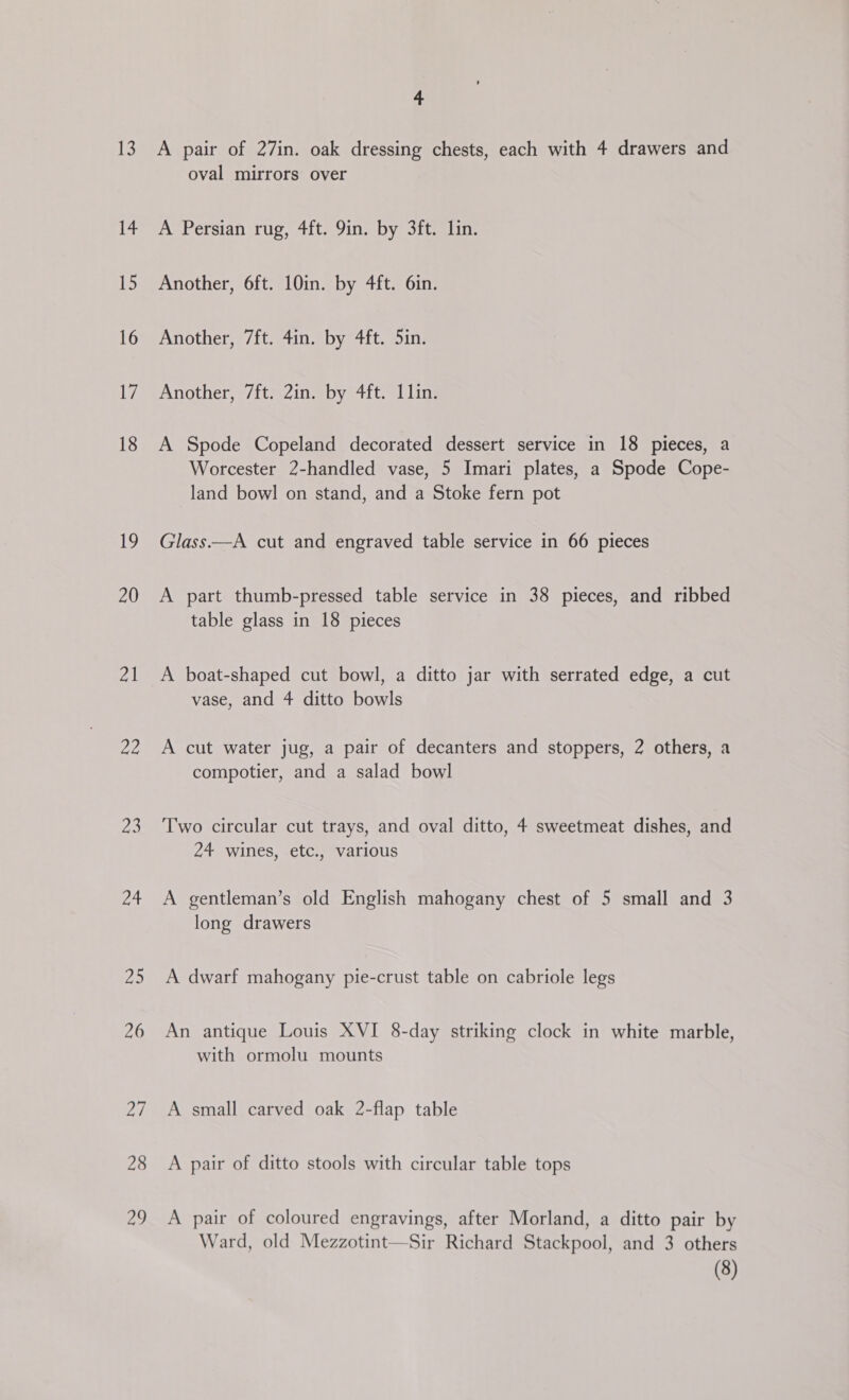 14 18 19 20 21 22 a3 Was 25 26 27 28 oo 4 oval mirrors over A Persian rug, 4ft. 9in. by 3ft. Lin. Another, 6ft. 10in. by 4ft. 6in. Another, 7ft. 4in. by 4ft. 5in. Another, /ft- Zinsby 4it. 1lin: A Spode Copeland decorated dessert service in 18 pieces, a Worcester 2-handled vase, 5 Imari plates, a Spode Cope- land bowl on stand, and a Stoke fern pot Glass——A cut and engraved table service in 66 pieces A part thumb-pressed table service in 38 pieces, and ribbed table glass in 18 pieces A boat-shaped cut bowl, a ditto jar with serrated edge, a cut vase, and 4 ditto bowls A cut water jug, a pair of decanters and stoppers, 2 others, a compotier, and a salad bowl Two circular cut trays, and oval ditto, 4 sweetmeat dishes, and 24 wines, etc., various A gentleman’s old English mahogany chest of 5 small and 3 long drawers A dwarf mahogany pie-crust table on cabriole legs An antique Louis XVI 8-day striking clock in white marble, with ormolu mounts A small carved oak 2-flap table A pair of ditto stools with circular table tops A pair of coloured engravings, after Morland, a ditto pair by Ward, old Mezzotint—Sir Richard Stackpool, and 3 others (8)