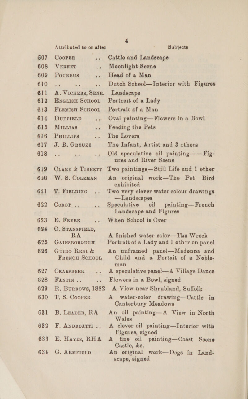 Attributed to or after Subjects 607 CooPER .. Cattle and Landscape 608 VERNET .. Meonlight Scene 609 Poursus .. Head of a Man GAO) Se oss .. Dutch School—Interior with Figures 611 A. VickreRs,Sznr, Landscape 612 Eneuisn Scuoot Portrait of a Lady 613 Fuemisa ScHoou FPertrait of a Man 614 Durrireip .. Oval painting—Flowers in a Bowl 615 Mrvias .. Feeding the Pets 616 PuHiLiips .. The Lovers 617 J. B. Grevuze The Infant, Artist and 3 others ot aera is .. Old speculative oil painting——Fig- ures and River Seene 619 Crane &amp; Tippert Two paintings—Still Life and | ether 620 W.S.Corzeman An original work—The Pet Bird exhibited 621 T. Freupinc .. Two very clever water colour drawings — Landscapes 622 Corot .. .. Speculative oil painting—French Landscape and Figures 623 KE. FRERE .. When School is Over 624 CC, STANSFIELD, RA A finished water color—Ths Wreck 625 GAINSBOROUGH Portrait of a Lady and | othr on panel 626 Guipo Rent &amp; An unframed panel—Madonna and FRENCH SCHOOL Child and a Portait of a Noble- man 627 CragsBeEK .. A speculative panel—A Village Dance 628 FantTin.. .. Flowers in a Bowl, signed 629 R. Burrows, 1882 A View near Shrubland, Suffolk 630 T. 8S. Cooper A water-color drawing—Cattle in Canterbury Meadows 631 3B, Leaper, RA An oil painting—A View in North Wales 632 EF, Anproattr.. A clever oil painting—Interier with Figures, signed 633 KE. Hayrs, RHA A _ fine oil painting—Coast Scene Castle, &amp;e. 634 G,. ARMFIELD An original werk—Dogs in Land- scape, signed