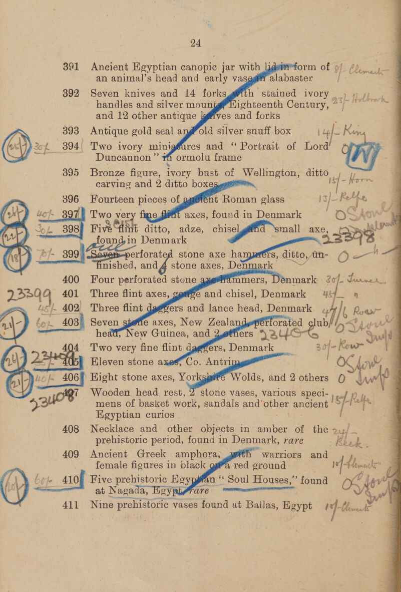 391 Ancient Egyptian canopic jar with li an animal’s head and early vas        392 Seven knives and 14 forks ~ handles and silver moun and 12 other antique h stained ivory _ Re oe ighteenth Century, *) ves and forks ~~ 393 Antique gold seal a  old silver snuff box 14f- Be 4 - res and “ Portrait of Lord! b 2 £ 394 _ Two ivory mini Rey fh ormolu frame Duncannon ”’ 395 Bronze figure, ee bust of pecan ditto — U/ , carving and 2 ditto boxe ne IS] ~ Nor   eu nt Be men she a) pees Fourteen pieces of J Two very fime axes, found in Denmark ) rive di &amp; ditto, adze, oe aXe, ais c found in Denmark eG stone axe ha aeeee pettorale - finished, and A stone axes, Den Four perforated stone      rs, ditto, M-. Oo A at on &lt;7      Wooden head rest, 2 stone vases, various speci- ) ../ » ) mens of basket work, sandals and’ other ancient 7 i uf Egyptian curios. Necklace and other objects in’ amber of the «    prehistoric period, found in Denmark, rare r] Lo Ancient Greek amphora, “warriors and , », female figures in black 4 red ground } Hon iN { Five prehistoric figy pgfan “ Soul Houses,” found aad at Nagada, Heyp are OS wu ;  a Nine prehistoric vases found at Ballas, Beypt if -Li w Bases yeu