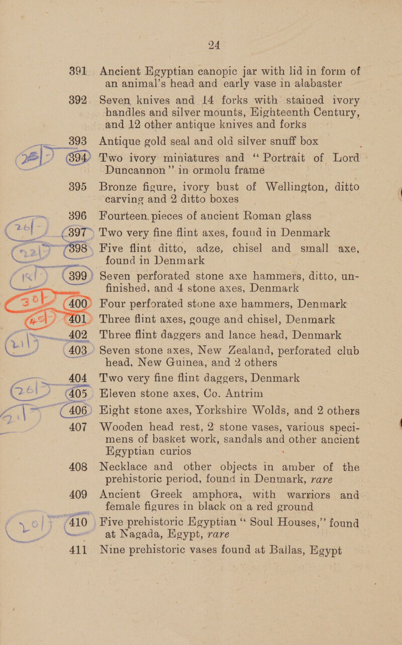 Ancient Egyptian canopic jar with lid in form of an animal’s head and early vase in alabaster xwtigie gold seal and old silver snuff box Duncannon’ in ormolu frame Bronze figure, ivory bust of Wallinston ditto adze, chisel and small axe, found in Denm ark finished, and 4 stone axes, Denmark  Three flint daggers and lance head, Denmark 409 A11 head, New Guinea, and 2 others Two very fine flint daggers, Denmark Eleven stone axes, Co. Antrim Wooden head rest, 2 stone vases, varlous speci- mens of basket work, sandals and other ancient Egyptian curios  Necklace and other objects in amber of the prehistoric period, found in Denmark, rare female figures in black on a red ground at Nagada, Hgypt, rare Nine pronisione &amp; vases found tub Ballas, Bey