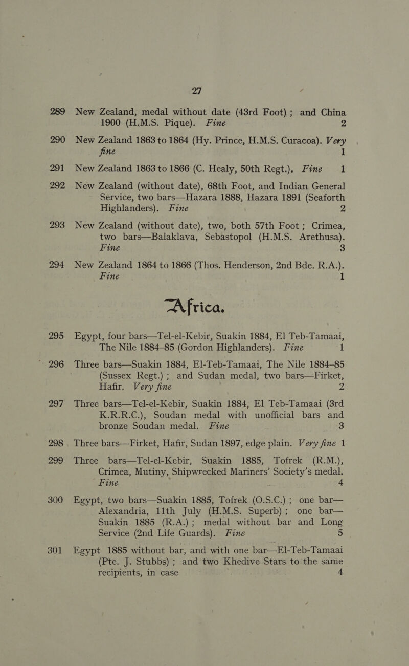 289 290 291 292 293 294 295 297 298 299 300 301 27 New Zealand, medal without date (43rd Foot); and China 1900 (H.M.S. Pique). Fine 2 New Zealand 1863 to 1864 (Hy. Prince, H.M.S. Curacoa). Very fine 1 New Zealand 1863 to 1866 (C. Healy, 50th Regt.), Fine 1 New Zealand (without date), 68th Foot, and Indian General Service, two bars—Hazara 1888, Hazara 1891 (Seaforth Highlanders). Fine 2 New Zealand (without date), two, both 57th Foot ; Crimea, two bars—Balaklava, Sebastopol (H.M.S. Arethusa). Fine 3 New Zealand 1864 to 1866 (Thos. Henderson, 2nd Bde. R.A.). Fine 1 Aftica. Egypt, four bars—Tel-el-Kebir, Suakin 1884, El Teb-Tamaai, The Nile 1884-85 (Gordon Highlanders). Fine 1 Three bars—Suakin 1884, El-Teb-Tamaai, The Nile 1884-85 (Sussex Regt.) ; and Sudan medal, two bars—Firket, Hafir. Very fine 2 Three bars—Tel-el-Kebir, Suakin 1884, El Teb-Tamaai (3rd K.R.R.C.), Soudan medal with unofficial bars and bronze Soudan medal. fine 3 Three bars—Firket, Hafir, Sudan 1897, edge plain. Very fine 1 Three bars—Tel-el-Kebir, Suakin 1885, Tofrek (R.M.), Crimea, Mutiny, Shipwrecked Mariners’ Society’s medal. Fine + Egypt, two bars—Suakin 1885, Tofrek (O.S.C.) ; one bar— Alexandria, 11th July (H.M.S. Superb); one bar— Suakin 1885 (R.A.); medal without bar and Long Service (2nd Life Guards). Fine 5 Egypt 1885 without bar, and with one bar—El-Teb-Tamaai (Pte. J. Stubbs) ; and two Khedive Stars to the same