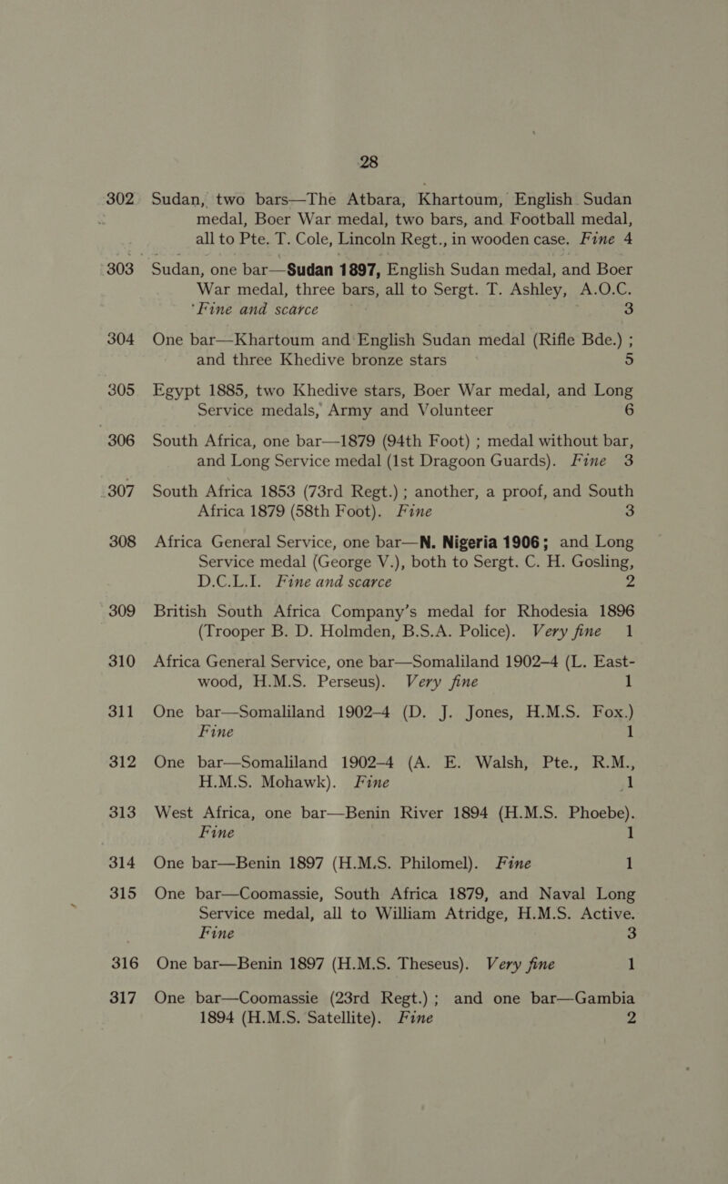 302 304 305 306 307 308 309 310 311 312 313 314 315 316 317 28 Sudan, two bars—The Atbara, Khartoum, English Sudan medal, Boer War medal, two bars, and Football medal, all to Pte. T. Cole, Lincoln Regt., in wooden case, Fine 4 War medal, three bars, all to Sergt. T. Ashley, A.O.C. ‘Fine and scarce . a One bar—Khartoum and‘English Sudan medal (Rifle Bde.) ; and three Khedive bronze stars < Egypt 1885, two Khedive stars, Boer War medal, and Long Service medals, Army and Volunteer 6 South Africa, one bar—1879 (94th Foot) ; medal without bar, and Long Service medal (lst Dragoon Guards). Fine 3 South Africa 1853 (73rd Regt.) ; another, a proof, and South Africa 1879 (58th Foot). Fine 3 Africa General Service, one bar—N. Nigeria 1906; and Long Service medal (George V.), both to Sergt. C. H. Gosling, D.C.L.1. Fine and scarce ie British South Africa Company’s medal for Rhodesia 1896 (Trooper B. D. Holmden, B.S.A. Police). Very fine 1 Africa General Service, one bar—Somaliland 1902-4 (L. East- wood, H.M.S. Perseus). Very fine 1 One bar—Somaliland 1902-4 (D. J. Jones, H.M.S. Fox.) Fine 1 One bar—Somaliland 1902-4 (A. E. Walsh, Pte., R.M., H.M.S. Mohawk). Jine ph West Africa, one bar—Benin River 1894 (H.M.S. Phoebe). Fine 1 One bar—Benin 1897 (H.M.S. Philomel). Fine 1 One bar—Coomassie, South Africa 1879, and Naval Long Service medal, all to William Atridge, H.M.S. Active. Fine 3 One bar—Benin 1897 (H.M.S. Theseus). Very fine 1 One bar—Coomassie (23rd Regt.) ; and one bar—Gambia 1894 (H.M.S. Satellite). Fine 2
