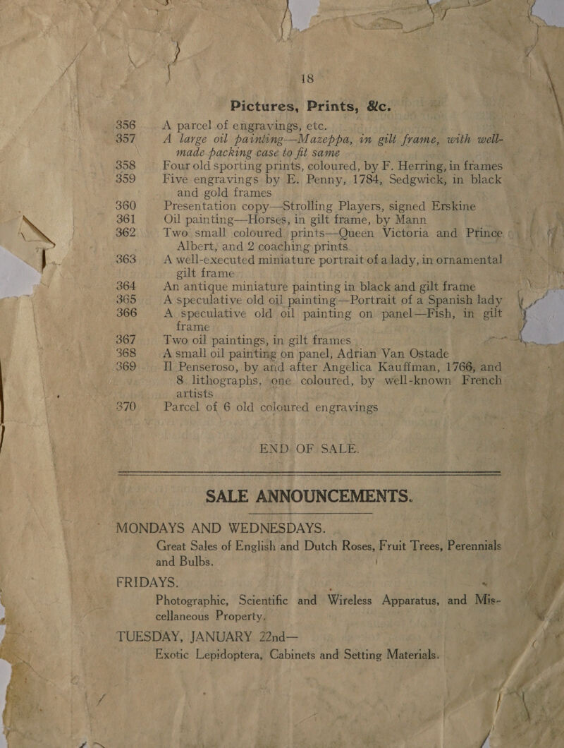 PE sia  18 abs Pictures, Prints, &amp;c. 356. A parcel of engravings, etc. &gt; 30/ A large oil paining—Mazeppa, in gilt frame, with well- | made packing case to fit same 358 Fourold sporting prints, coloured, by F. Herring,inframes 359 Five engravings by E. Penny, 1784, Sedgwick, in black and gold frames 360 Presentation copy—strolling Players, signed Erskine 361 Oil painting—Horses, in gilt frame, by Mann  362 Two small coloured prints—Queen Victoria and Prince id (y . | Albert, and 2 coaching prints. ee 363 A well-executed miniature portrait ofa lady, 1 in ornamental . gilt frame GP porn 364 An antique miniature painting in black and gilt frame =) 365 A speculative old oil painting —Portrait of a Spanish lady 366 A speculative old oil painting on. panel—Fish, in gilt frame 367 Two oil paintings, in gilt frames os... 368 A small oil painting on panel, Adrian Van Ostade 369 Il Penseroso, by and after Angelica Kauffman, 1766, and — 8. lithographs, .one. coloured, by well-known French _ artists 370 Parcel of 6 old coloured engravings  END. OF SALE. SALE ANNOUNCEMENTS.  MONDAYS AND WEDNESDAYS. : 4 oe ; : Great Sales of English and Dutch Roses, Fruit Trees, Perennials F ; and Bulbs. | | i E FRIDAYS. eh at re J Photographic, Scientific and Witéless Apparatus, and Mis- « . cellaneous Property. . a TUESDAY, JANUARY 22nd— | Pe 7 a Exotic Lepidoptera, Cabinets and Setting Materials. ce