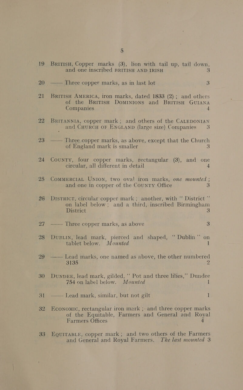 19 20 21 22 23 33 5 BritisH, Copper marks (3), lion with tail up, tai! down, and one inscribed BRITISH AND IRISH 3 — — Three copper marks, as in last lot 3 BRITISH AMERICA, iron marks, dated 1833 (2); and others of the BRITISH DOMINIONS and BRITISH GUIANA Companies 4 BRITANNIA, copper mark; and others of the CALEDONIAN and CHURCH OF ENGLAND (large size) Companies = 3 —— Three copper marks, as above, except that the Church of England mark is smaller 3 County, four copper marks, rectangular (3), and one circular, all different in detail 4 COMMERCIAL UNION, two oval iron marks, one mounted ; and one in copper of the County Office 3 DistTRIctT, circular copper mark ; another, with “ District ” on label below; and a third, inscribed Birmingham District 3 —— Three copper marks, as above 3 Dupin, lead mark, pierced and shaped, “ Dublin’’ on tablet below. Mounted 1 — — Lead marks, one named as above, the other numbered aioe 2 DUNDEE, lead mark, gilded, “‘ Pot and three lilies,’’ Dundee 754 on label below. Mounted I —— Lead mark, similar, but not gilt l ECONOMIC, rectangular iron mark ; and three copper marks of the Equitable, Farmers and General and Royal Farmers Offices d EQUITABLE, copper mark ; and two others of the Farmers and General and Royal Farmers, The last mounted 3