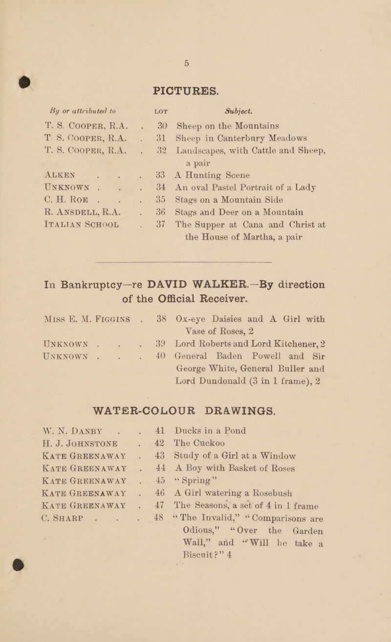 T. S. COOPER, R.A. T. 8. COOPER, R.A. T. S. Coopmr, R.A. ALKEN UNKNOWN Cau KOK R. ANSDELL, R.A. ITALIAN SCHOOL 30 al  Sheep on the Mountains Sheep in Canterbury Meadows Landscapes, with Cattle and Sheep, a pair A Hunting Scene An oval Pastel Portrait of a Lady Stags on a Mountain Side Stags and Deer on a Mountain The Supper at Cana and Christ at the House of Martha, a pair  Miss EK. M. FIGGINS UNKNOWN UNKNOWN 38 ao 40) Ox-eye Daisies and A Girl with Vase of Roses, 2 Lord Roberts and Lord Kitchener, 2 General Baden Powell and Sir George White, General Buller and Lord Dundonald (3 in 1 frame), 2 W. N. DANBY H. J. JOHNSTONE KATE GREENAWAY KATE GREENAWAY KATE GREENAWAY KATE GREENAWAY KATE GREENAWAY C. SHARP Ducks in a Pond The Cuckoo Study of a Girl at a Window A Boy with Basket of Roses “ Spring” A Girl watering a Rosebush The Seasons, a set of 4 in 1 frame ‘““The Invalid,” ‘“ Comparisons are Odious,” “Over the Garden Wall,” and “Will he take a