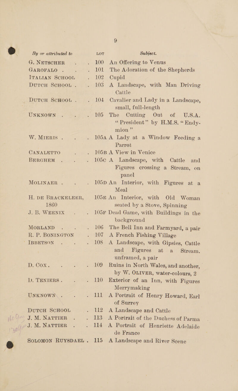 G. NETSCHER GAROFALO ITALIAN SCHOOL DUTCH SCHOOL . DUTCH SCHOOL . UNKNOWN W. MIERIS . CANALETTO BERGHEM MOLINAER . H. DE BRACKELEER, 1860 J. B. WEENIX MORLAND R. P. BONINGTON Db. Cox, v. TENIERS . UNKNOWN DUTCH SCHOOL J. M. NATTIER J. M. NATTIER 100 An Offering to Venus 101 The Adoration of the Shepherds 102 Cupid 103 A Landscape, with Man Driving Cattle 10£ Cavalier and Lady in a Landscape, small, full-length 100. Vhe. Cuttime Out of. U.S.A: “President”? by H.M.S. “ Hndy- mion ” 105A A Lady at a Window Feeding a Parrot 105B A View in Venice 105c A Landscape, with Cattle and Figures crossing a Stream, on panel 105D An Interior, with Figures at a Meal 105E An Interior, with Old Woman seated by a Stove, Spinning 105F Dead Game, with Buildings in the background 106 The Bell Inn and Farmyard, a pair 107 A French Fishing Village 108 A Landscape, with Gipsies, Cattle and Figures ata Stream. ‘unframed, a pair 109 Ruins in North Wales, and another, by W. OLIVER, water-colours, 2 110 Exterior of an Inn, with Figures Merrymaking 111 A Portrait of Henry Howard, Earl of Surrey 112 A Landscape and Cattle 113. A Portrait of the Duchess of Parma 114 A Portrait of Henriette Adelaide de France