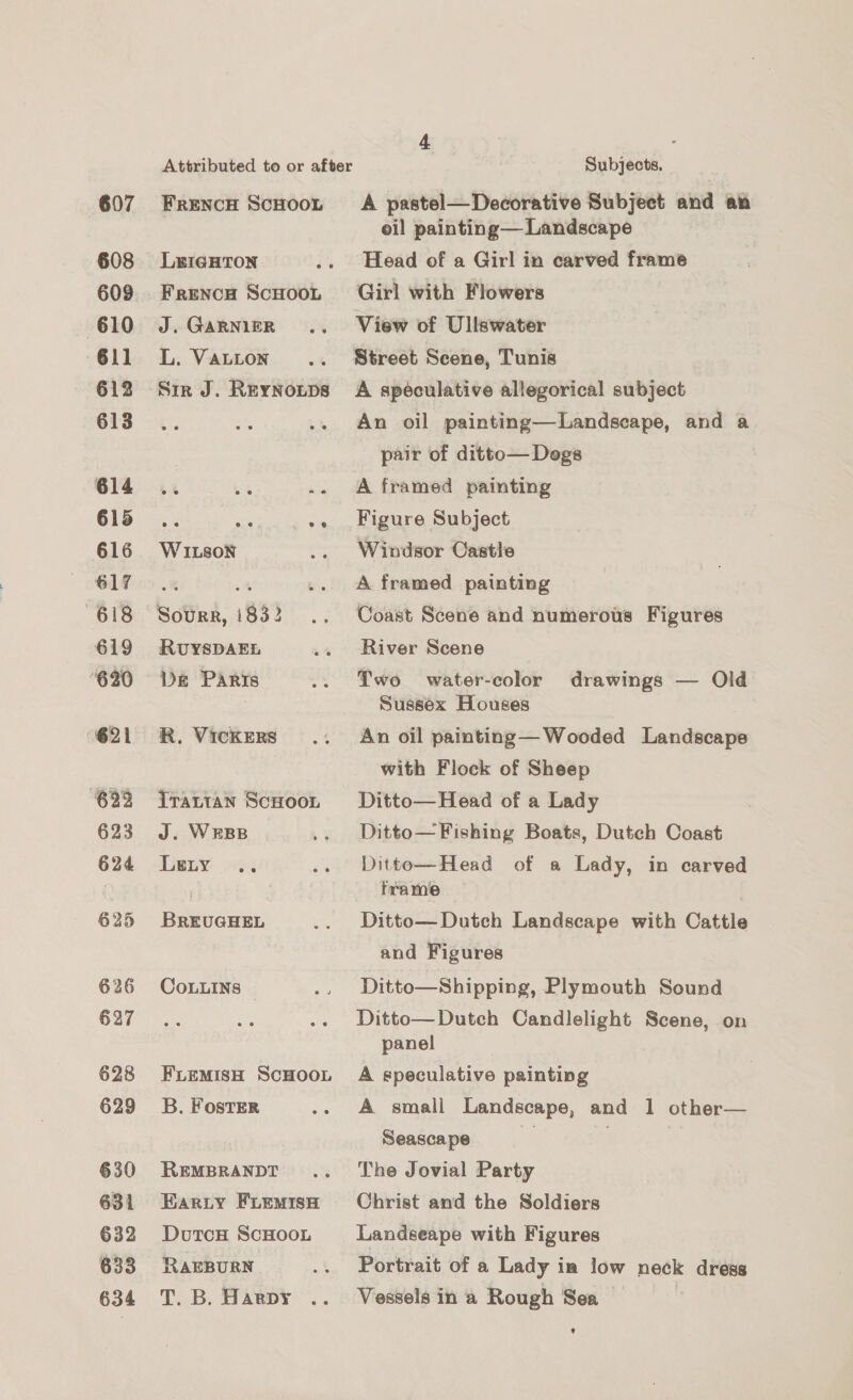 607 608 609 610 611 612 613 614 615 616 617 618 619 620 (621 623 623 624 625 626 627 628 629 630 631 632 633 634 FRENCH SCHOOL LEIGHTON FRENCH SCHOOL J. GARNIER L. VALLON Sir J. REYNOLDS WILson RUYSDAEL De PARIS R. VICcKERS [rattan ScHooL J. WRBB Ley BREUGHEL CoLLIns © FLEMISH SCHOOL B. Foster REMBRANDT Earty FLEMIsH DutcH ScHOOL RAEBURN T. B. Harpy 4 ° Subjects, A pastel— Decorative Subject and an oil painting— Landscape Head of a Girl in carved frame Girl with Flowers View of Ullswater Street Scene, Tunis A speculative allegorical subject An oil painting—Landscape, and a pair of ditto— Degs A framed painting Figure Subject Windsor Castle A framed painting Coast Scene and numerous Figures River Scene Two water-color Sussex Houses drawings — Old An oil painting— Wooded Landscape with Flock of Sheep Ditto— Head of a Lady Ditto— Fishing Boats, Dutch Coast Ditto—Head of a Lady, in carved frame Ditto— Dutch Landscape with Cattle and Figures Ditto—Shipping, Plymouth Sound Ditto—Dutch Candlelight Scene, on panel A speculative painting A smali Landscape, and 1 other— Seascape 2 . The Jovial Party Christ and the Soldiers Landseape with Figures Portrait of a Lady im low neck dress Vessels in a Rough Sea *
