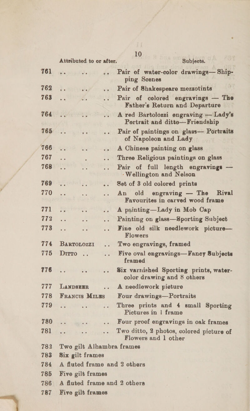  762 763 764 765 766 767 768 770 771 173 774 ¥75 776 @77 778 779 7380 781 783 783 784 785 786 787 BARTOLOZZ1I Ditro LANDSEER Francis Migs Subjects. ping Scenes Pair of Shakespeare mezzotints Pair of colored engravings — The Father's Return and Departure — A red Bartolozzi engraving — Lady’s Portrait and ditte— Friendship Pair of paintings on glass— Portraits of Napoleon and Lady A Chinese painting on glass Three Religious paintings on glass Pair of full length engravings — - Wellington and Nelson An old. engraving — The Rival Favourites in carved wood frame A painting—Lady in Mob Cap Painting on glass—Sporting Subject Fine old silk needlework picture— Flowers Two engravings, framed Five oval engravings— Faney Subjects framed Six varnished Sporting prints, water- color drawing and 8 others A needlework pieture Four drawings— Portraits Three prints and 4 small Sporting Pictures in | frame Four proof engravings in oak frames Two ditto, 2 photos, colored picture of Flowers and 1 other Six gilt frames