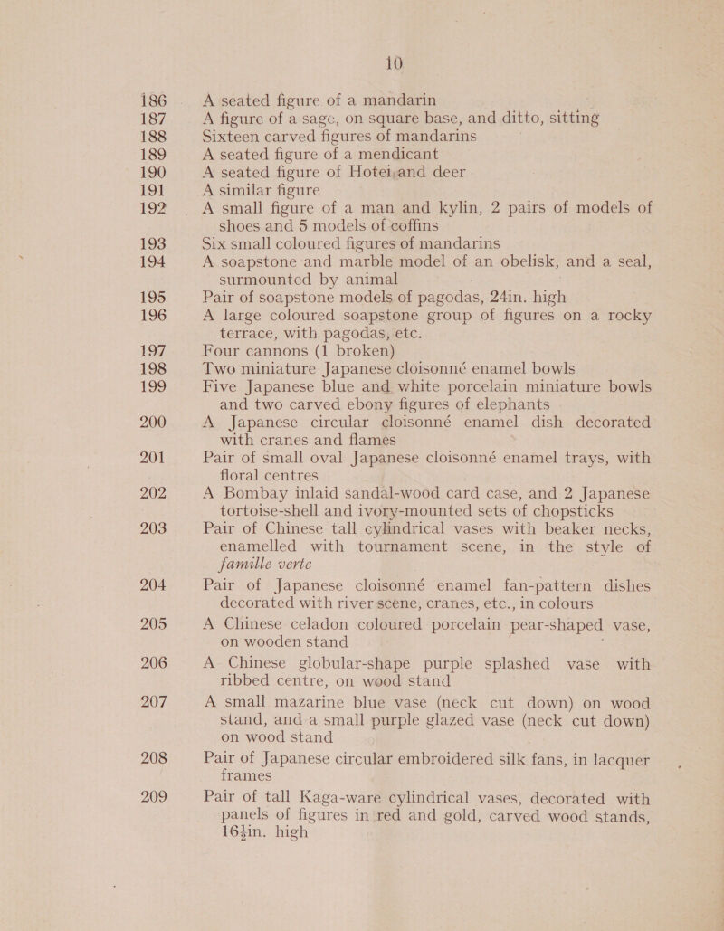 186 187 188 189 190 19] 192 193 194 195 196 197 198 199 200 201 202 203 204 205 206 207 208 209 10 A seated figure of a mandarin A figure of a sage, on square base, and ditto, sitting Sixteen carved figures of mandarins A seated figure of a mendicant A seated figure of Hoteiand deer A similar figure A small figure of a man and kylin, 2 pairs of models of shoes and 5 models of coffins Six small coloured figures of mandarins A soapstone and marble model of an obelisk, and a seal, surmounted by animal Pair of soapstone models of pagodas, 24in. high A large coloured soapstone group of figures on a rocky terrace, with pagodas, etc. Four cannons (1 broken) Two miniature Japanese cloisonné enamel bowls Five Japanese blue and white porcelain miniature bowls and two carved ebony figures of elephants A Japanese circular cloisonné enamel dish decorated with cranes and flames Pair of small oval Japanese cloisonné enamel trays, with floral centres A Bombay inlaid sandal-wood card case, and 2 Japanese tortoise-shell and ivory-mounted sets of chopsticks Pair of Chinese tall cylindrical vases with beaker necks, enamelled with tournament scene, in the style of famille verte | Pair of Japanese cloisonné enamel fan-pattern dishes decorated with river scene, cranes, etc., in colours A Chinese celadon coloured porcelain pear- shaped vase, on wooden stand A Chinese globular-shape purple splashed vase with ribbed centre, on wood stand A small mazarine blue vase (neck cut down) on wood stand, anda small purple glazed vase (neck cut down) on wood stand Pair of Japanese circular embroidered silk fans, in lacquer frames Pair of tall Kaga-ware cylindrical vases, decorated with panels of figures in red and gold, carved wood stands, 164in. high.