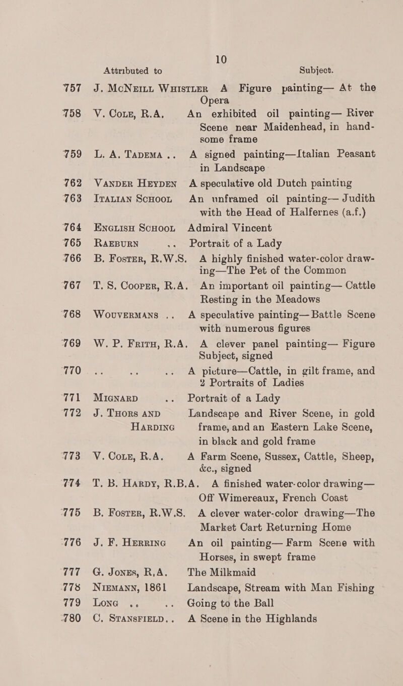 757 158 759 162 763 7164 765 466 767 768 769 V1 772 473 774 475 176 777 4718 779 480 10 Attributed to Subject. J. McNett WuistteER A Figure painting— At the Opera V. Cousz, R.A. An exhibited oil painting— River Scene near Maidenhead, in hand- some frame L. A. Tapema.. A signed painting—Italian Peasant in Landscape VANDER HeypEen A speculative old Dutch painting Ivatian ScHooL An unframed oil painting— Judith with the Head of Halfernes (a.f.) ENeGLisH ScHooL Admiral Vincent RaEpurN _,._ Portrait of a Lady B. Foster, R.W.S. A highly finished water-color draw- ing—The Pet of the Common T. S. Cooper, R.A. An important oil painting— Cattle Resting in the Meadows Wovuvermans .. A speculative painting— Battle Scene with numerous figures W.P. Fritu, R.A. A clever panel painting— Figure Subject, signed A picture—Cattle, in gilt frame, and 2 Portraits of Ladies MIGNARD .. Portrait of a Lady J. THORS AND Landscape and River Scene, in gold HARDING frame, and an Eastern Lake Scene, in black and gold frame V. Coz, R.A. A Farm Scene, Sussex, Cattle, Sheep, &amp;c., signed T. B. Harpy, R.B.A. A finished water-color drawing— Off Wimereaux, French Coast B. Foster, R.W.S. A clever water-color drawing—The Market Cart Returning Home J. F. HERRING An oil painting— Farm Scene with Horses, in swept frame G. Jones, R,A. The Milkmaid Niemann, 1861 Landscape, Stream with Man Fishing Lone .,. .. Going to the Ball C, STANSFIELD,. A Scene in the Highlands