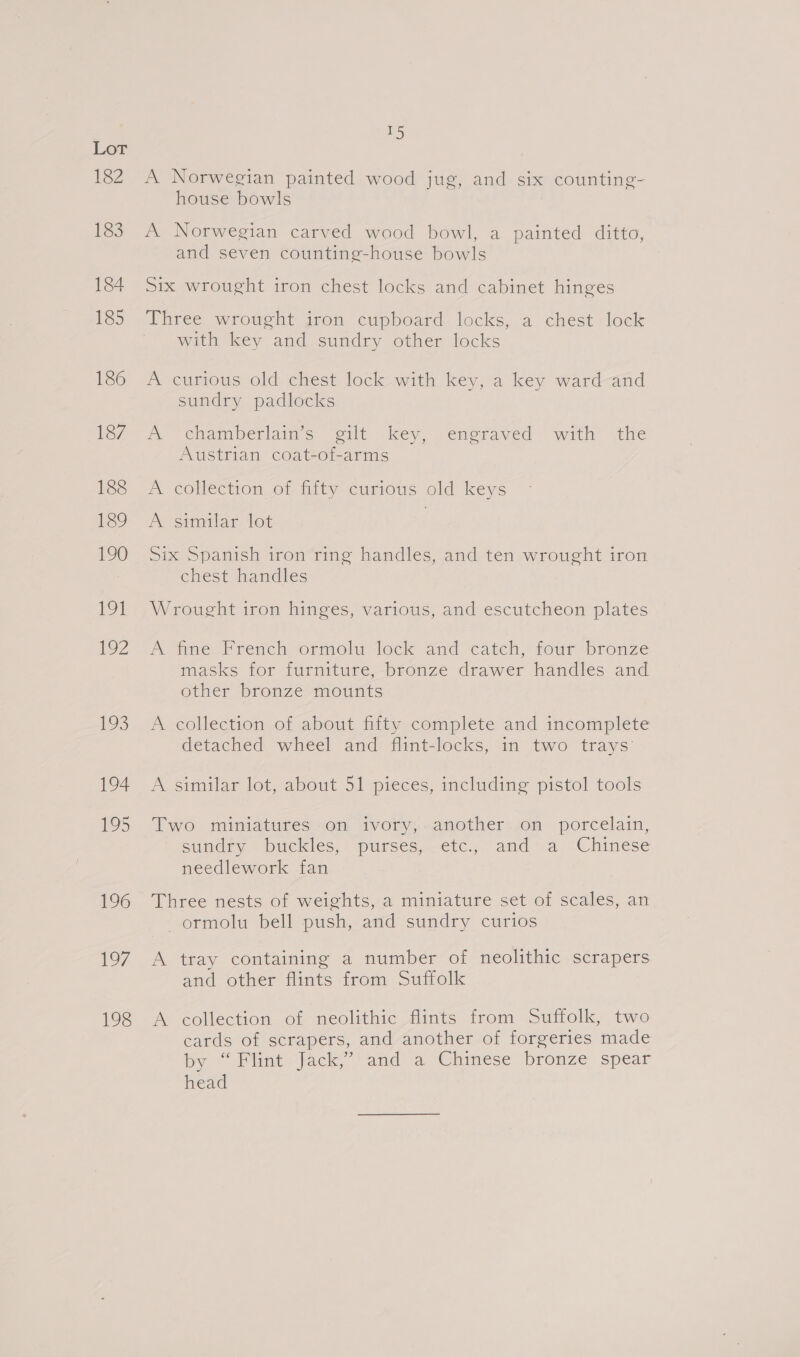 182 196 197, 198 ue A Norwegian painted wood jug, and six counting- house bowls A Norwegian carved wood bowl, a painted ditto, and seven counting-house bowls Six wrought iron chest locks and cabinet hinges Three wrought iron cupboard locks, a chest lock with key and sundry other locks A curious old chest lock with key, a key ward and sundry padlocks pe Chamberlain e “elt -key, sensraved | with the Austrian coat-of-arms ~ conection jo fiity curious old keys A similar lot Six Spanish iron ring handles, and ten wrought iron chest handles Wrought iron hinges, various, and escutcheon plates A fine French ormolu lock and catch, four bronze masks for furniture, bronze drawer handles and other bronze mounts A collection of about fifty complete and incomplete detached wheel and: flint-locks, in two trays’ A similar lot, about 51 pieces, including pistol tools Two miniatures on ivory, another on porcelain, Stadia s buckles, | purses -ctc.,. and ra «Chinese needlework fan Three nests of weights, a miniature set of scales, an —ormolu bell push, and sundry curios A tray containing a number of neolithic scrapers and other flints from Suffolk A collection of neolithic flints from Suffolk, two cards of scrapers, and another of forgeries made by “ Wlint ack; and'*a Chinese bronze spear head