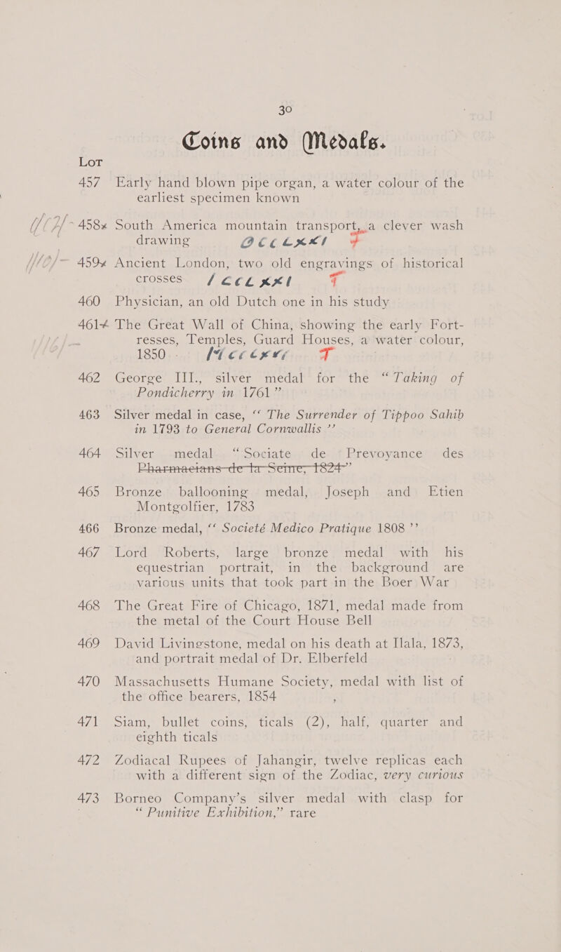 30 Coins and Medals. LoT 457 Early hand blown pipe organ, a water colour of the earliest specimen known 458x South America mountain transport,.a clever wash drawing GQGEOCLRKES - 2 459% Ancient London, two old engravings of historical crosses /C¢L Kx 460 Physician, an old Dutch one in his study 4614 The Great Wall of China, showing the early Fort- resses, Temples, Guard Houses, a water colour, 1850. f4ecexey FT eG eOLo cee le Stivermiicual WOL tie =. aki Gano Pondicherry in 1761” 463 Silver medal in case, “‘ The Surrender of Tippoo Sahib in 1793 to General Cornwallis ’’ 464 9 spilwer qpinedales.. “;o0ctateds dest Prevoywancel sidés Pharmeetens-ce tr-Senre, T3824” 465 Bronze ballooning medal, Joseph and _ Etien Montgolfier, 1783 466 Bronze medal, ‘‘ Societé Medico Pratique 1808 ”’ 467 Lord Roberts, large bronze. medal with his equestrian portrait;“in’ “the: “background are various: units.that took partsinkthe: Boer) War 468 The Great Fire of Chicago, 1871, medal made from the metal of the Court House Bell 469 David Livinestone, medal on his death at Ilala, 18% and portrait medal of Dr. Elberfeld 470 Massachusetts Humane Society, medal with list of the office bearers, 1854 471 7. oiam, bullets Coins, 1iCale..(2)5. mall, quatre ain eighth ticals 472 Zodiacal Rupees of Jahangir, twelve replicas each with a different sign of the Zodiac, very curious 473 Borneo Company’s silver medal with clasp for ; “Pumtiwe Exiibition,” rare