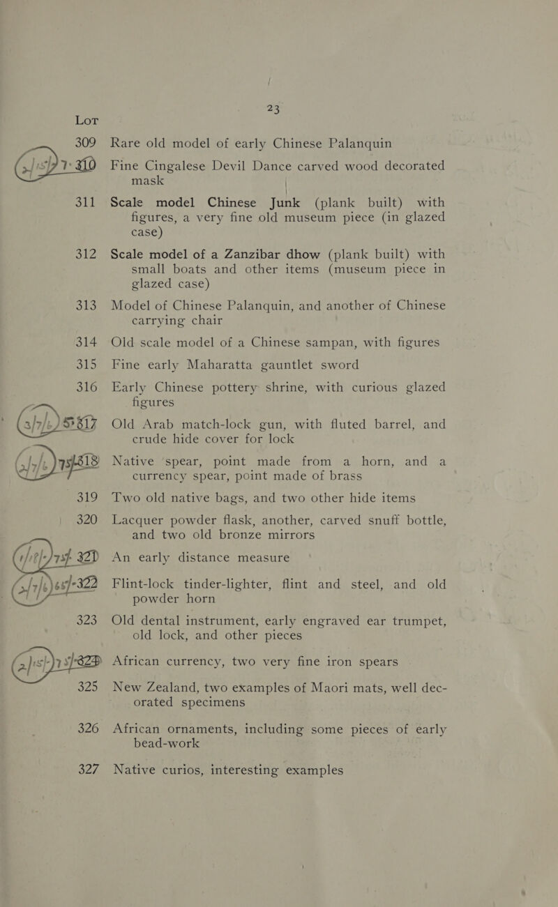  SUL Ae   23 Rare old model of early Chinese Palanquin Fine Cingalese Devil Dance carved wood decorated mask | Scale model Chinese Junk (plank built) with figures, a very fine old museum piece (in glazed case) Scale model of a Zanzibar dhow (plank built) with small boats and other items (museum piece in glazed case) Model of Chinese Palanquin, and another of Chinese carrying chair Olid scale model of a Chinese sampan, with figures Fine early Maharatta gauntlet sword Early Chinese pottery shrine, with curious glazed figures Old Arab match-lock gun, with fluted barrel, and crude hide cover for lock Native ‘spear, point made from a horn, and a currency spear, point made of brass Two old native bags, and two other hide items Lacquer powder flask, another, carved snuff bottle, and two old bronze mirrors An early distance measure Flint-lock tinder-lighter, flint and steel, and old powder horn Old dental instrument, early engraved ear trumpet, old lock, and other pieces African currency, two very fine iron spears New Zealand, two examples of Maori mats, well dec- orated specimens African ornaments, including some pieces of early bead-work Native curios, interesting examples