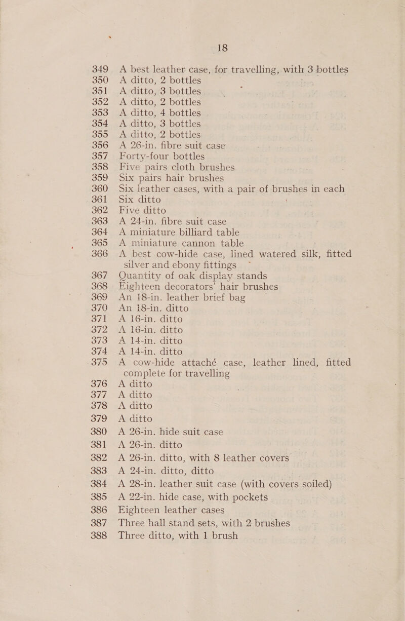 349 350 351 352 353 3504 355 356 357 358 359 360 361 362 363 364 365 366 367 368 369 370 371 372 373 374 375 376 377 378 379 380 381 382 383 384 385 386 387 388 18 A best leather case, for travelling, with 3 bottles A ditto, 2 bottles A ditto, 3 bottles A ditto, 2 bottles A ditto, 4 bottles A ditto, 3 bottles A ditto, 2 bottles A 26-in. fibre suit case Forty-four bottles Five pairs cloth brushes Six pairs hair brushes Six leather cases, with a pair of brushes in each Six ditto open! Five ditto A 24-in. fibre suit case A miniature billiard table A miniature cannon table A best cow-hide case, lined ARES sik fitted silver and ebony fittin gs Quantity of oak display stands Eighteen decorators’ hair brushes An 18-in. leather brief bag An 18-in. ditto A 16-in. ditto A 16-in. ditto A 14-in. ditto A 14-in. ditto A cow-hide attaché case, leather lined, fitted complete for travelling A ditto A ditto A ditto A ditto A 26-in. hide suit case A 26-in. ditto A 26-in. ditto, with 8 leather covers A 24-in. ditto, ditto ea A 28-in. leather suit case (with covers soiled) A 22-in. hide case, with pockets Fighteen leather cases Three hall stand sets, with 2 brushes Three ditto, with 1 brush