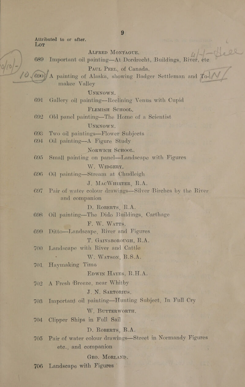 io ALFRED MONTAGUE. Paun Pren, of Canada. makee Valley UNKNOWN. 691 Gallery oil painting—Reclining Venus with Cupid FLEMISH SCHOOL. 692 Old panel painting—The Home of a Scientist UNKNOWN. 695 Two oil paintings—Flower Subjects 694 Oil paintinge—A Figure Study NoRWICH SCHOOL. 695 Small painting on panel—Landscape with Figures W. WIDGERY. 696 Oil paintinge—Stream at Chudleigh J. MacWurrter, £.A. and companion D. Roperts, R.A. F. W. Warts. 699 Ditto—Landseape, River and Figures , T. GatnsporoucH, R.A. 700 Landscape with River and Cattle : W. Watson, R.8.A. 701, Haymaking Time | Epwin Hayes, R.H.A. 702 A Fresh Breeze, near Whitby J. N. SARTORIUS, 703 Important oil painting—Hunting Subject, In Full Cry W. Burrerworrn, 704 Clipper Ships in Full Sail D. Roperts, R.A. 705 Pair of water colour drawings—Street in Normandy Figures ete., and companion GEO. Morand. 706 Landscape with Figures ©