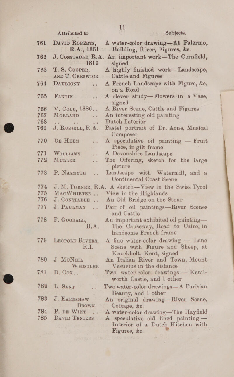 761 762 763 764 765 766 767 768 769 770 771 772 773 774 775 776 177 778 179 780 781 782 783 784 785 Attributed to Davip RosBerts, 11 Subjects. A water-color drawing—At Palermo, Building, River, Figures, &amp;c. 1819 T. S. Coopsr, AND T’. CRESWICK DAUBIGNY FANTIN V. Cog, 1886.. MorLAND z RUSSELL, R. i De HEEM WILLIAMS MULLER P,. NAsmMytH signed A highly finished work— Landscape, Cattle and Figures A French Landscape with Figure, &amp;e, on a Road A clever study—Flowers-in a Vase, signed A River Scene, Cattle and Figures An interesting old painting Dutch Interior Pastel portrait of Dr. Arne, Musical Composer A speculative oil painting — Fruit Piece, in gilt frame A Devonshire Landscape The Offering, sketch for the large picture Landscape with Watermill, and a Continental Coast Scene MAcWHIRTER .. J. CONSTABLE .. J. PAULMAN F, Goopatt, R.A. LEopoup Rivers, R, 2 J. McNEIu W HISTLER DOCox.. L. Sant J. EARNSHAW Brown P. pe WINtT Dayip TENIERS View in the Highlands An Old Bridge on the Stour Pair of oil paintings—River Scenes and Cattle An important exhibited oil painting— The Causeway, Road to Cairo, in handsome French frame A fine water-color drawing — Lane Scene with Figure and Sheep, at Knockholt, Kent, signed An Italian River and Town, Mount Vesuvius in the distance Two watercolor drawings — Kenil- worth Castle, and | other Two water-color drawings—A Parisian Beauty, and 1 other An original drawing— River Scene, Cottage, de. A water-color drawing—The Hayfield A speculative old lined painting — Interior of a Dutch Kitchen with Figures, &amp;c. é a 