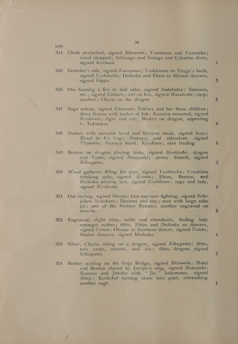 344 346 347 348 349 350 351 352 353 354 34 Chohi perturbed, signed kitswmin; Yasumasa and Yasusuke; wood chopped; Ashinaga and Tenaga and _Colombo diver, signed Koriusat Gentoku’s ride, signed Kurosawa; Yoshitsune on Tengu’s back, signed Yoshinobu ; Daikoku and Ebisu as Manzai dancers, signed Gippo Oni fanning a fire to boil sake, signed Sadakatsu; Samisen, etc., signed Kintaro ; owl on hoe, signed Masatoshi; carp; another; Chorio on the dragon Sage asleep, signed Kwansat; Tokiwa and her three children; three Kappa with basket of fish; Kwanyu mounted, signed Benktoter; tiger and cub; Benten on dragon, appearing to Tokimasa Dancer with movable head and Kitsune mask, signed’ Soyo; Hotei in his ‘bag; Samurai, and attendant, signed Ptisumin; Hannya mask; Kiyohime; man feeding Benten on dragon playing koto, signed Moritoshi; dragon and Tama, signed Masayuki; peony branch, signed Kikugawa. Wood gatherer filling his pipe, signed Yoshinobu; Urashima drinking sake, signed Komin; Ebisu, Benten, and Daikoku playing ken, signed Yoshikane; sage and lady, signed Moritoshi Oni resting, signed Shozgut; two warriors fighting, signed Seki- joken. Motoharu; Daruma and boy; man with large sake jar; one of the Sixteen Rakans; another engraved on reverse Engraved, slight inlay, noble and attendants, finding lady amongst rushes; ditto, Ebisu and Daikoku as dancers, signed Tomin; Okame as Sambaso dancer, signed Tomin; - Benkei dancers, signed Minkoku Silver, Chorio riding on a dragon, signed Kikugawa; ditto, two carps, stream, and iris; ditto, dragon, signed Kikugawa Benkei waiting on the Gojo Bridge, signed Ritsumin; Hotei and Benten chased by Jurojin’s stag, signed Motoyuki; Kanzan and Jittoku with ‘‘ Jiu’? kakemono, signed Minjo; Koshohei turning stone into goat, astonishing another sage