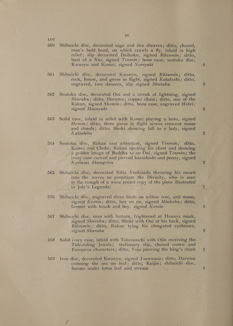 560 562 565 569 52 Shibuichi disc, decorated sage and rice sheaves; ditto, chased, man’s bald head, on which crawls a fly, inlaid in high relief; slip decorated Daikoku, signed Ritsumin; ditto, bust of a Nio, signed Tenmin; bone case, sentoku disc, Kwanyu and Komei, signed Noriyuki Shibuichi disc, decorated Kwanyu, signed Ritsumin; ditto, rock, house, and geese in fiight, signed Katatoshi; ditto, engraved, two dancers, slip signed Shuraku Sentoku disc, decorated Oni and a streak of lightning, signed Shuraku; ditto, Daruma; copper chain; ditto, one of the Rakan, signed Shomin; ditto, bone case, engraved Hotei; signed Masayuki Solid case, inlaid in relief. with Komei playing a koto, signed Homin; ditto, three geese in flight across crescent moon and clouds; ditto; Shoki showing bill to a lady, signed Katsuhira Sentoku disc, Rakan and attendant, signed Tenmin; ditto, Komei and Chohi; Rakan opening his chest and showing a golden image of Buddha to an Oni, signed Tenmin; the ivory case carved and pierced karashishi and peony, signed Koriusait Shungetsu Shibuichi disc, decorated Nitta Yoshisada throwing his sword into the waves to propitiate the Divinity, who is seen in the trough of a wave (exact copy of the piece illustrated in Joly’s Legends) Shibuichi disc,-engraved three birds on willow tree, and moon, signed Komin; ditto, boy on ox, signed Minkoku; ditto, farmer with brush and boy, signed Komin Shibuichi disc, man with lantern, frightened at Hannya mask, signed Shuraku; ditto, Shoki with Oni at his back, signed Ritsumin; ditto, Rakan tying his elongated eyebrows, signed Shuraku Solid ivory case, inlaid with Takenouchi with Ojin receiving the Tide-ruling Jewels; stationary slip, chased crown and European characters; ditto, Yojo piercing the king’s cloak Iron disc, decorated Kwanyu, signed Yasumasa; ditto, Daruma crossing the sea on leaf; ditto, Raijin; shibuichi disc, herons under lotus leaf and stream
