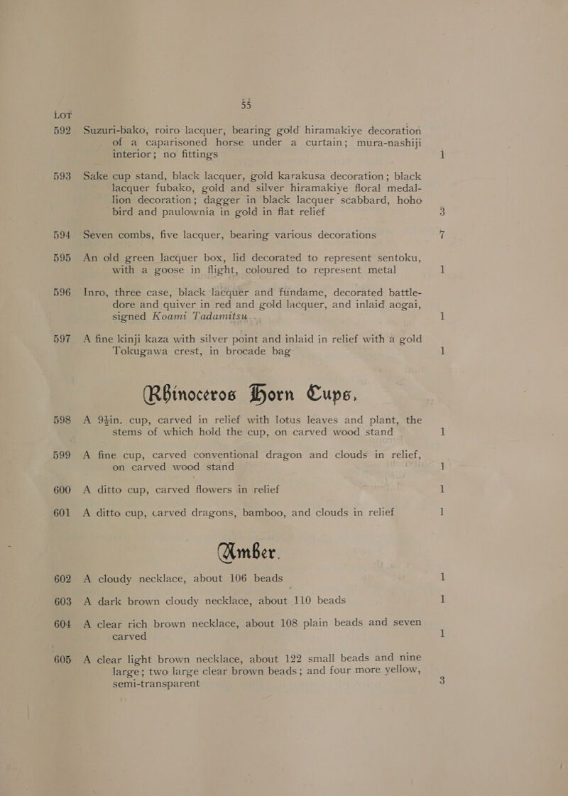 592 593 594 595 596 597 598 599 600 601 602 603 604 605 55 Suzuri-bako, roiro lacquer, bearing gold hiramakiye decoration of a caparisoned horse under a curtain; mura-nashiji interior; no fittings Sake cup stand, black lacquer, gold karakusa decoration; black lacquer fubako, gold and silver hiramakiye floral medal- lion decoration; dagger in black lacquer scabbard, hoho bird and paulownia in gold in flat relief Seven combs, five lacquer, bearing various decorations An old green lacquer box, lid decorated to represent sentoku, with a goose in flight, coloured to represent metal Inro, three case, black lacquer and fundame, decorated battle- dore and quiver in red and gold lacquer, and inlaid aogai, signed Koam1 Tadamitsu A fine kinji kaza with silver point and inlaid in relief with a gold Tokugawa crest, in brocade bag RBinoceros Horn Cups, A 94in. cup, carved in relief with lotus leaves and plant, the stems of which hold the cup, on carved wood stand A fine cup, carved conventional dragon and clouds in relief, on carved wood stand A ditto cup, carved flowers in relief A ditto cup, carved dragons, bamboo, and clouds in relief Amber. A cloudy necklace, about 106 beads A dark brown cloudy necklace, about 110 beads A clear rich brown necklace, about 108 plain beads and seven carved A clear light brown necklace, about 122 small beads and nine large; two large clear brown beads; and four more yellow, semi-transparent