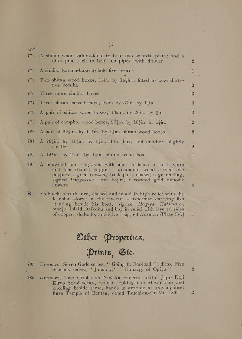 LOT 773 A shitan wood katana-kake to take two swords, plain; and a ditto pipe rack to hold ten pipes with drawer 2 774 A similar katana-kake to hold five swords 1 775 Two shitan wood boxes, 13in. by 144in., fitted to take thirty- five kozuka 776 Three more similar boxes 3 Riiee bree Shitan carved trays, 94in. by 30in. by Itin. | 3 778 A pair of shitan wood boxes, 134in. by 20in. by #in. 2 779 &lt;A pair of camphor wood boxes, 294in. by 164in. by 13in. 2 780 A pair of 292in. by l1ldin. by 1?in. shitan wood boxes 2 781 A 292in. by 11fin. by 1#in. ditto box, and another, slightly Simaller . 2 782, A 124in. by 2lin. by I4in. shitan wood box 1 783 A boxwood fan, engraved with man in boat; a small vajra and ken shaped dagger; kanamono, wood carved two puppies, signed Gessen; back plate chased sage reading, signed Ichigioku; iron kojiri, decorated gold nunome flowers 4 B Shibuichi sheath inro, chased and inlaid in high relief. with the Kanshin story; on the reverse, a fisherman carrying fish standing beside his boat, signed Hagiya Katsuhira; manju, inlaid Daikoku and boy in relief with layered sides of copper, shakudo, and silver, signed Haruaki (Plate IV.) 1 Ober (Properties, — Prints, Ete. 785 Utamaro, Seven Gods Series, ‘‘ Going to Football ”’; ditto, Five _ Seasons series, ‘‘ January,’’ ‘‘ Hanaogi of Ogiya ”’ 2 786 Utamaro, Two Geisha as Niwaka dancers; ditto, Jugo Doji Kiryo Soroi series, woman looking into Mawaridori and kneeling beside same, hands in attitude of prayer; inset Fuse Temple of Benten, dated Tsuchi-no-Go-Mi, 1809 2