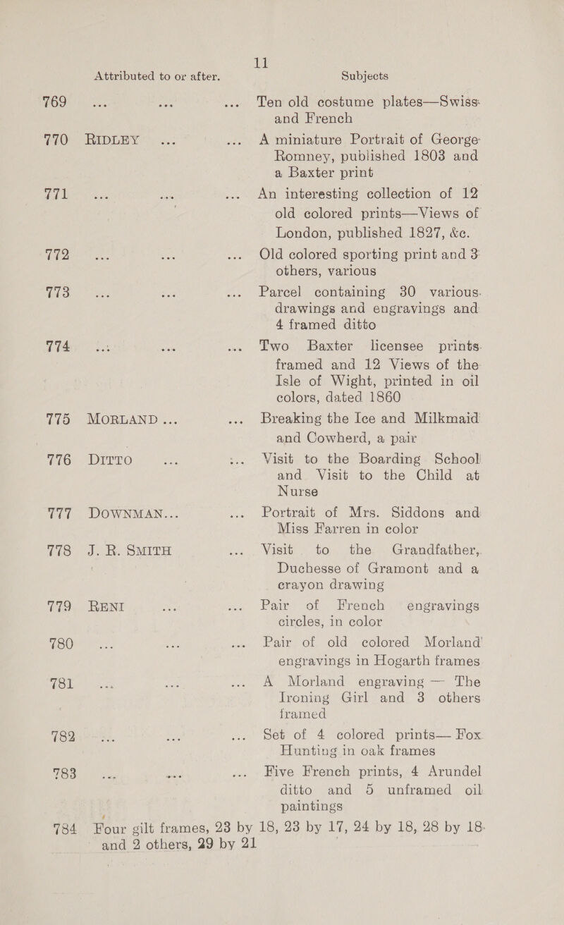 769 770 Tit 772 173 174 175 776 7177 778 779 780 781 782 783 784 Attributed to or after. RIDLEY MORLAND ... DITTO DOWNMAN... J. R. SMITH RENI Va Subjects Ten old costume plates—Swiss: and French A miniature Portrait of George Romney, published 1803 and a Baxter print An interesting collection of 12 old colored prints—Views of London, published 1827, &amp;e. Old colored sporting print and 3 others, various Parcel containing 30 various. drawings and engravings and 4 framed ditto Two Baxter licensee prints. framed and 12 Views of the Isle of Wight, printed in oil colors, dated 1860 Breaking the Ice and Milkmaid and Cowherd, a pair Visit to the Boarding School and. Visit to the Child at Nurse Portrait of Mrs. Siddons and Miss Farren in color Visit. to. the, . Grandtfather,. Duchesse of Gramont and a crayon drawing Pair of French engravings circles, in color Pair of old colored Morland’ engravings in Hogarth frames A Morland engraving — The Troning ‘Girl ‘and. 3 others framed Set of 4 colored prints— Fox Hunting in oak frames Five French prints, 4 Arundel ditto and 5 unframed oil: paintings