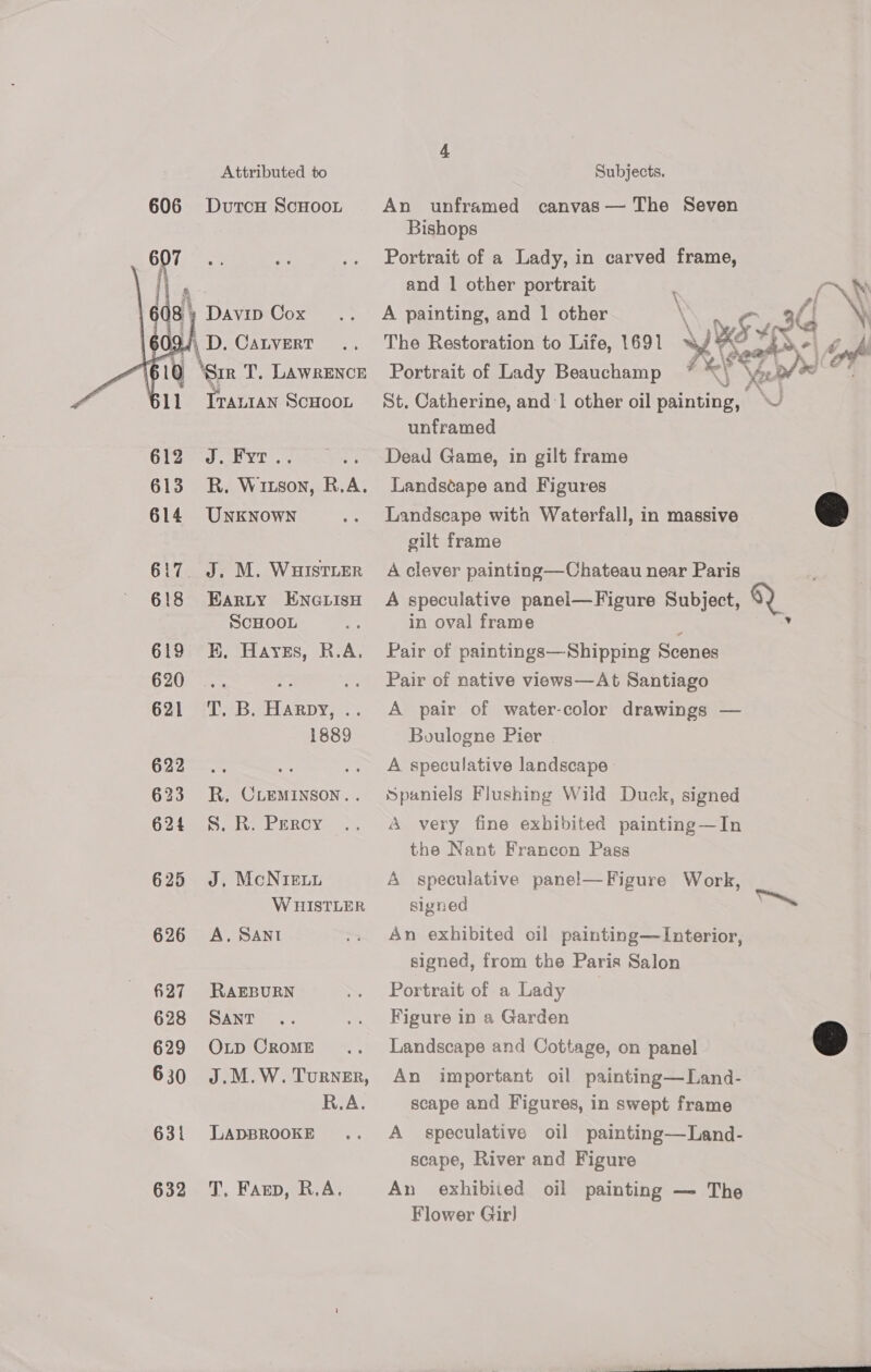 Attributed to Subjects. An unframed canvas — The Seven Bishops 606 DutcH ScHoor Portrait of a Lady, in carved frame, and 1 other portrait A painting, and 1 other The Restoration to Life, 1691 ~ al Nh 5434.) \ &lt;P % 3 % ) ‘Sir T. LawRENcE ITALIAN SCHOOL  Portrait of Lady Beauchamp St. Catherine, and 1 other oil painting, unframed OlZirrd evr, Dead Game, in gilt frame 613 R. Wuitson, R. ik Landscape and Figures 614 UNnKkNowNn Landscape witn Waterfall, in massive gilt frame 617. J. M. Wuistter A clever painting—Chateau near Paris 618 Barty Enozisno A speculative panel—Figure Subject, SCHOOL in oval frame ; 619 E, Hayrss, R.A. Pair of paintings—Shipping Scenes 620... . .. Pair of native views—At Santiago 621 T. B. Harpy, .. A pair of water-color drawings — 1889 Boulogne Pier 622 .. oe .. A speculative landscape 623 R, CLEMINSON.. Spaniels Flushing Wild Duck, signed 624 8S. R. Percy A very fine exhibited painting—In the Nant Francon Pass 625 J. McoNIEeLL A speculative pane!—Figure Work, W HISTLER signed 626 A. SANI An exhibited oil painting—Interior, signed, from the Paris Salon #27 RAEBURN Portrait of a Lady 628 Sant Figure in a Garden 629 Op Crome Landscape and Cottage, on panel 630 J.M.W. Turner, An important oil painting—Land- R.A. scape and Figures, in swept frame 631 LADBROOKE A speculative oil painting—Land- scape, River and Figure 632 T. Fasp, R.A. An exhibiied oil painting — The Flower Gir] 
