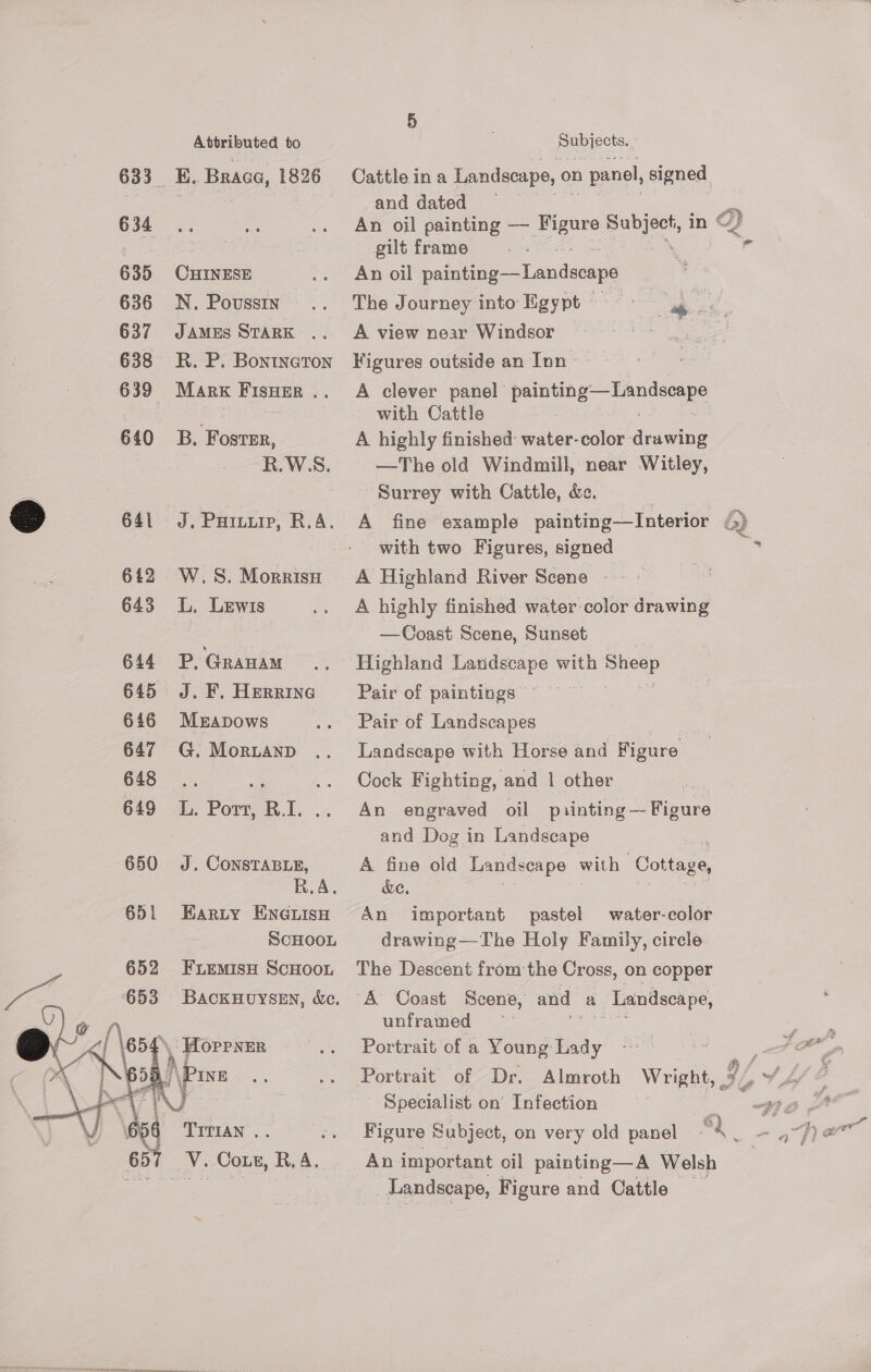 Attributed to 633 E. Brace, 1826 634 635 CHINESE 636 N. Poussin &gt; 637 JAmEs STARK .. 638 R. P. Bontneron 639 Marx Fisuer .. 640 B. Foster, R.W.S. 641 J. Puiuup, R.A. 643 L. LEwIs 644 P, Granam 645 J. F. Herrine 646 Mrapows 647 G. MorLanp 648, a as 649 L. Port, R.I. .. 650 J. ConsTABLe, R.A. 651 Karty ENeLisH SCHOOL 652 FLEemisH ScHooL BACKHUYSEN, de. os uae  657 V. Coxe, R.A. pape cts Cattle ina Landscape, 0 on 1 panel, signed. and dated | An oil painting — ot ge in © yy gilt frame a ss r An oil painting—Landseape The Journey into Egypt ~ | as ne | A view near Windsor Figures outside an Inn- A clever panel’ painting—Landscape with Cattle A highly finished: water-color drawing —The old Windmill, near Witley, Surrey with Cattle, de. | | A fine example painting—Interior ¢ with two Figures, signed , A Highland River Scone -— ~ A highly finished water color drawing —Coast Scene, Sunset Highland Landscape with Sheep Pair of paintings ~ ay uy Pair of Landscapes | Landscape with Horse and Figure Cock Fighting, and | other An engraved oil pvinting— Figure and Dog in Landscape A fine old Landscape with Cottage, de, An important pastel water-color drawing—The Holy Family, circle The Descent from the Cross, on copper unframed one Portrait of a Young bady fais ey _ f. ee Portrait of Dr. Almroth Wright, 3 , oS hy , Specialist on Infection aes te Figure Subject, on very old panel 8) ie p ane An important oil painting—A Welsh Landscape, Figure and Cattle _