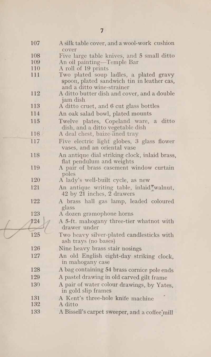 107 108 109 110 111 112 113 114 115 116 117 118 119 120 12] 122 123 126 127 128 129 139 131 132 133 7 A silk table cover, and a wool-work cushion cover Five large table knives, and 5 small ditto An oil painting—Temple Bar A roll of 19 prints Two plated soup ladles, a plated gravy spoon, plated sandwich tin in leather cas, and a ditto wine-strainer A ditto butter dish and cover, and a double jam dish A ditto cruet, and 6 cut glass bottles An oak salad bowl, plated mounts Twelve plates, Copeland ware, a ditto dish, and a ditto vegetable dish A deal chest, baize-tined tray Five electric light globes, 3 glass flower vases, and an oriental vase An antique dial striking clock, inlaid brass, flat pendulum and weights A pair of brass casement window curtain poles A lady’s well-built cycle, as new An antique writing table, inlaid™walnut, 42 by 21 inches, 2 drawers A brass hall gas lamp, leaded coloured glass A dozen gramophone horns A 5-ft. mahogany three-tier whatnot with drawer under Two heavy silver-plated candlesticks with ash trays (no bases) Nine heavy brass stair nosings An old English eight-day striking clock, in mahogany case A bag containing 54 brass cornice pole ends A pastel drawing in old carved gilt frame A pair of water colour drawings, by Yates, in gold slip frames A Kent’s three-hole knife machine A ditto A Bissell’s carpet sweeper, and a coffee‘mill