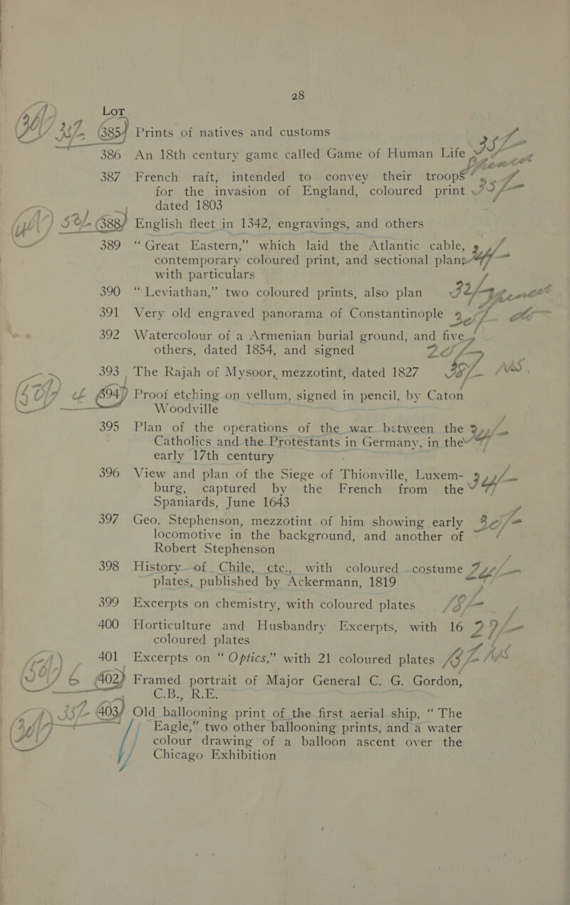 LoT 4} . 4S Lon 633) Prints of natives and customs 386. An 18th century game called Game of Human a ISL , . 4 387. French raft, intended to convey their aeae ne for the invasion of England, coloured print \ aS f- dated 1803 4 5¢ fe bL 88) English fleet in 1342, engravings, and others 589 Great Eastern,” which laid the Atlantic cable contemporary coloured print, and sectional ra with particulars 390 “ Leviathan,” two coloured prints, also plan 3g 2 Vie PY a 391 Very old engraved panorama of Constantinople 3. f- As 392, Watercolour of a Armenian burial ground, and five.» others, dated 1854, and signed 393 . The Rajah of Mysoor, mezzotint, dated 1827 “GL A if 694) Proof etching on vellum, signed in pencil, by Caton 395 Plan of the operations of the war between the }))/. Catholics and the Protestants in Germany, in the early 17th century 396 View and plan of the Siege of Thionville, Luxem- 3 ee burg, captured by the French from the Y Spaniards, June 1643 Y 397 Geo. Stephenson, mezzotint of him showing early 3¢y = locomotive in the background, and another of Robert Stephenson 398 History-of Chile, ete., with coloured costume A YL, —_ “plates, published by Ackermann, 1819 ae. 399 Excerpts on chemistry, with coloured plates $4 me Nag 400 Horticulture and Husbandry Excerpts, with 16 Alb —_ coloured plates 401 Excerpts on “ Optics,” with 21 coloured plates VigA = 02) Framed portrait of Major General C. G. Gordon, mae GiB ate Z. is) Old ballooning print of the first aerial ship, “ The wor Eagle,” two other ballooning prints, and a water — colour drawing of a balloon ascent over the // Chicago Exhibition