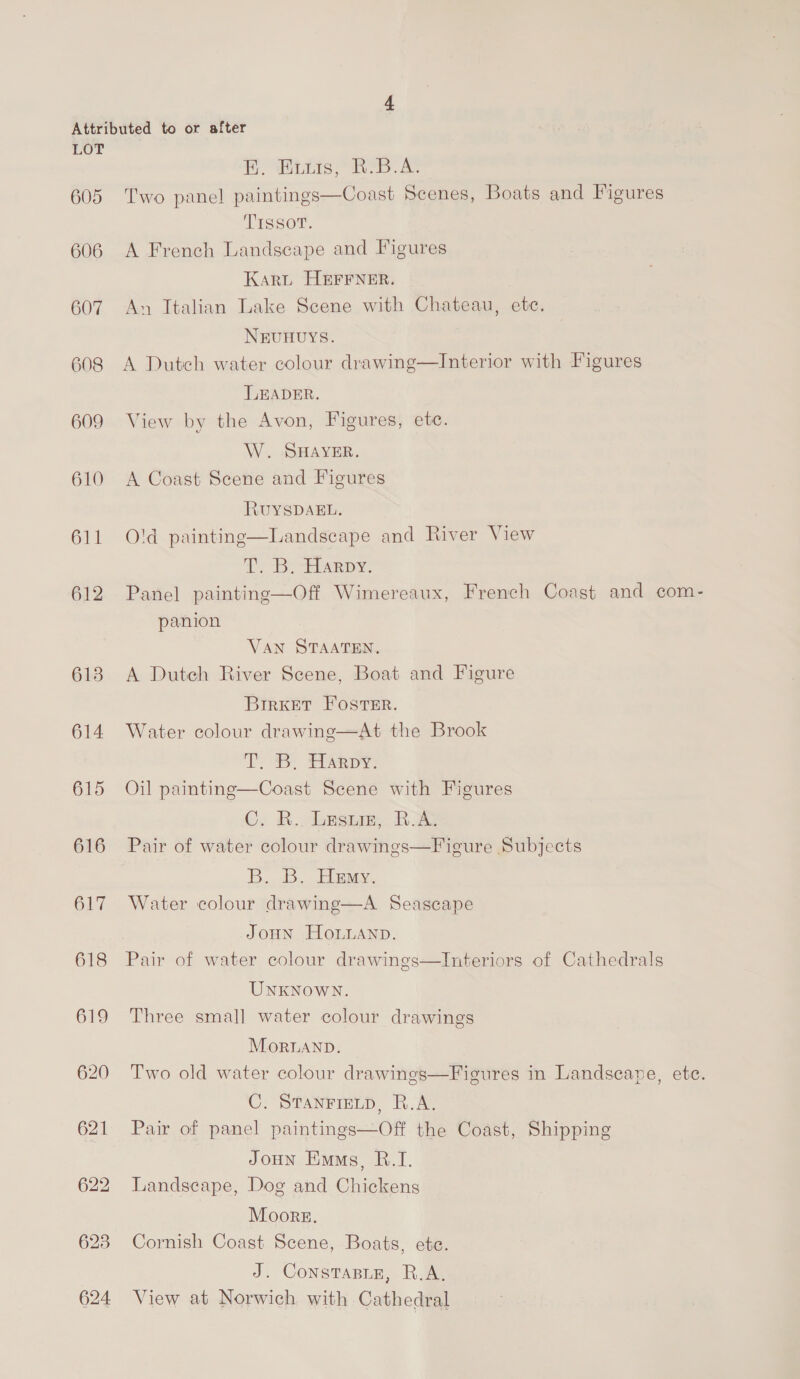 605 606 607 608 609 610 611 612 613 614 615 616 617 618 619 620 621 H ittts, Ros. AS Two panel paintings—Coast Scenes, Boats and Figures Tissor. A French Landscape and Figures Karu HEFFNER. An Italian Lake Scene with Chateau, etc.  NEUHUYS. A Dutch water colour drawing—Interior with Figures LEADER. View by the Avon, Figures, ete. W. SHAYER. A Coast Scene and Figures RUYSDAEL. Old painting—Landscape and River View PB) Ey. Panel painting—Off Wimereaux, French Coast and com- panion VAN STAATEN, A Dutch River Scene, Boat and Figure BirKet Foster. Water colour drawing—At the Brook Do is, SPAR py: Oil painting—Coast Scene with Figures © &amp;, thrsmp, RS Pair of water colour drawings—Figure Subjects 5... 2D. Eety., Water colour drawing—A Seascape JoHN HOoLuAnp. Pair of water colour drawings—Interiors of Cathedrals UNKNOWN. Three smal] water colour drawings MoRLAND. Two old water colour drawings—Figures in Landscape, etc. C. STANFIELD, R.A. Pair of panel paintings—Off the Coast, Shipping JoHN Ens, R.1I. Landscape, Dog and Chickens Moore. Cornish Coast Scene, Boats, ete. J. ConsTasie, R.A. View at Norwich with Cathedral