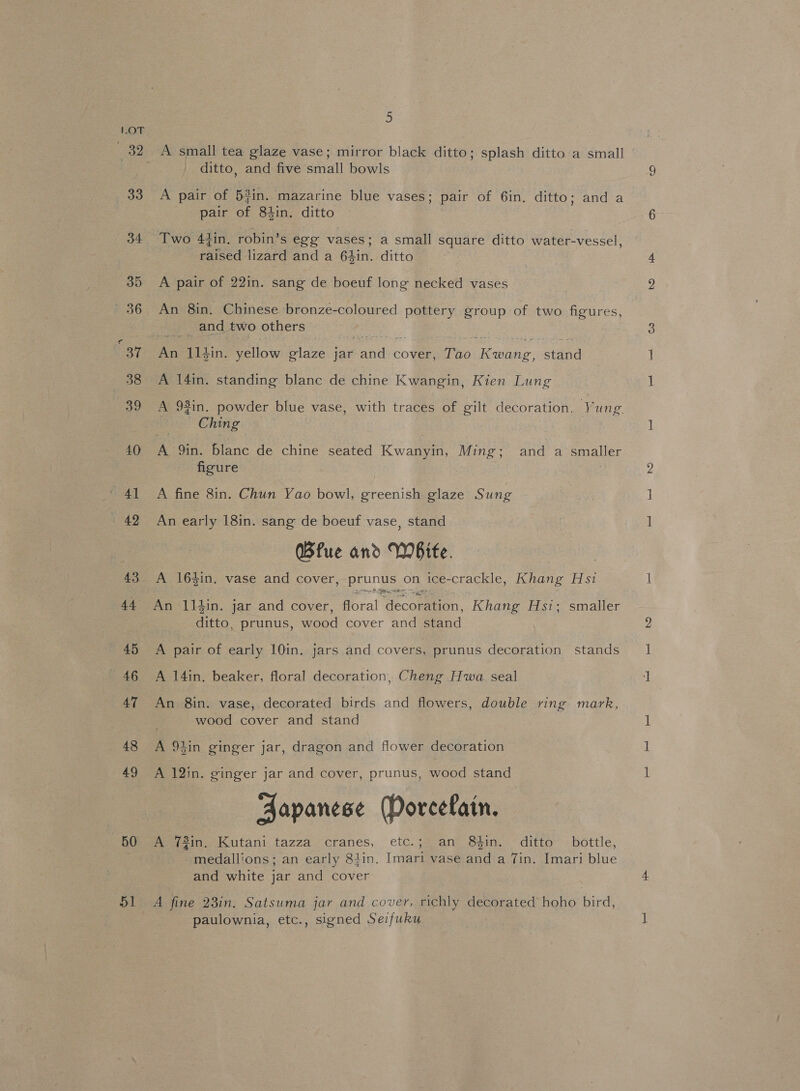 50 51 5 A small tea glaze vase; mirror black ditto; splash ditto a small ditto, and five small bowls A pair of 5f#in. mazarine blue vases; pair of 6in. ditto; and a pair of 84in. ditto Two 47in. robin’s egg vases; a small square ditto water-vessel, raised lizard and a 64in. ditto A pair of 22in. sang de boeuf long necked vases An 8in. Chinese bronze-coloured pottery group of two figures, __ and two others ees 114in. yellow glaze jar Pdi cover, Pho Denne. stand A 14in. standing blanc de chine Kwangin, Kien Lung Ching A 9in. blane de chine seated Kwanyin, Ming; and a smaller figure | A fine 8in. Chun Yao bowl, greenish glaze Sung An early 18in. sang de boeuf vase, stand Bfue and White. A 164in, vase and cover, punts Of ice- crackle, Khang Hsi hae ditto, prunus, wood cover and stand A pair of early 10in. jars and covers, prunus decoration stands A 14in. beaker, floral decoration, Cheng Hwa seal An 8in. vase, decorated birds and flowers, double ring mark, wood cover and stand A 94in ginger jar, dragon and flower decoration A 12in. ginger jar and cover, prunus, wood stand Japanese (Porcelain. A 73in. Kutani tazza cranes, etc.; an 84in. ditto bottle, medallions; an early 84in. Imari vase and a Tin. Imari blue and white jar and cover A fine 23in. Satsuma jar and cover, richly decorated hoho bird, paulownia, etc., signed Seifuku