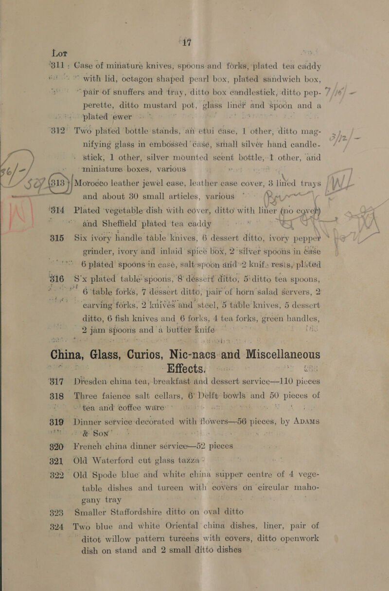 47 Lor ‘B11 - Case of miniature knives; spoons and forks, plated tea caddy * with lid, octagon shaped pearl box, plated sandwich box, “pair of snuffers and tray, ditto box candlestick, ditto pep- 7 perette, ditto BR as pot, glass linet and Spoon, and a ‘plated ‘ewer’: 2 . ‘312° Two plated ‘bottle stands, ‘ai etui case, 1 other, ‘ditto mag- nifying glass in embossed ‘éaseé, small silver hand candle- cm . stick, 1 other, silver mounted scent bottle, I. other, and /-/ _. “Miniature: boxes, various 4 Rist alter “7 A So (913) | storoseo leather jewel case, leather case cover, 3 Ned oe A é eae a and about 380 small articles, various ~~ Raa, . ‘S14 Plated ‘vegetable dish with edver, ditto with liner + (0 cQv wel and Shefheld plated ‘tea caddy eae Ww % 315° Six ivory ‘handle table kniv es, 6 dessert ditto, iv ory pepper srinder, ivory and inlaid’ spice box, 2° ‘silver spoons in Gage 6 plated’ spoons in casé, saltspoon arid’2 knife resis, plited 316 2 x plated table: spoons, 8' déssett ditto; 5'ditto tea spoons, | Ge table forks, 7 dessert ditto, Ba ‘of horn’salad servers, 2 | ‘carving ‘forks, 5 tnt és and” steel, 5 table knives, 5 dessert ps 6 fish knives and 6 forks, 4 tea forks, green handles, | re as 3, ae Se a butter knife te China Glass, Birios, ‘Wea -nacs- rhiitd Miscellaneous : Effects. Site 317 Dresden: china tea, breakfast and dessert service—110 pieces 318 Three faience salt cellars, 6 these bowls — 50 vies of “tea and coffee ware i&gt; Saat aye FSF 319 Dinner service-decorated with Be ee by ADAMS PE) eB Bon’! | aos 390 «French china dinner service—52 pieces $21 Old Waterford cut glass tazza - 822° Old Spode blue’ and white china supper centre of 4 vege- table dishes and tureen with covers’ on alae papi gany tray hye 823 Smaller Staffordshire ditto on oval ditto 394 Two blue and white Oriental china dishes, liner, pair of “ ditot willow pattern tureens with covers, ditto openwork dish on stand and 2 small ditto dishes |