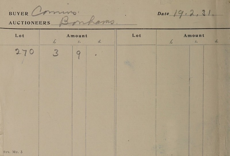 a r f) pa ee . ; : BUYER Coors Date? LG.» “ AA AUCTIONEERS... £29 nraervrg.  Lot Amount Lot : Amount L es d. a 5. 270 3 Oe          