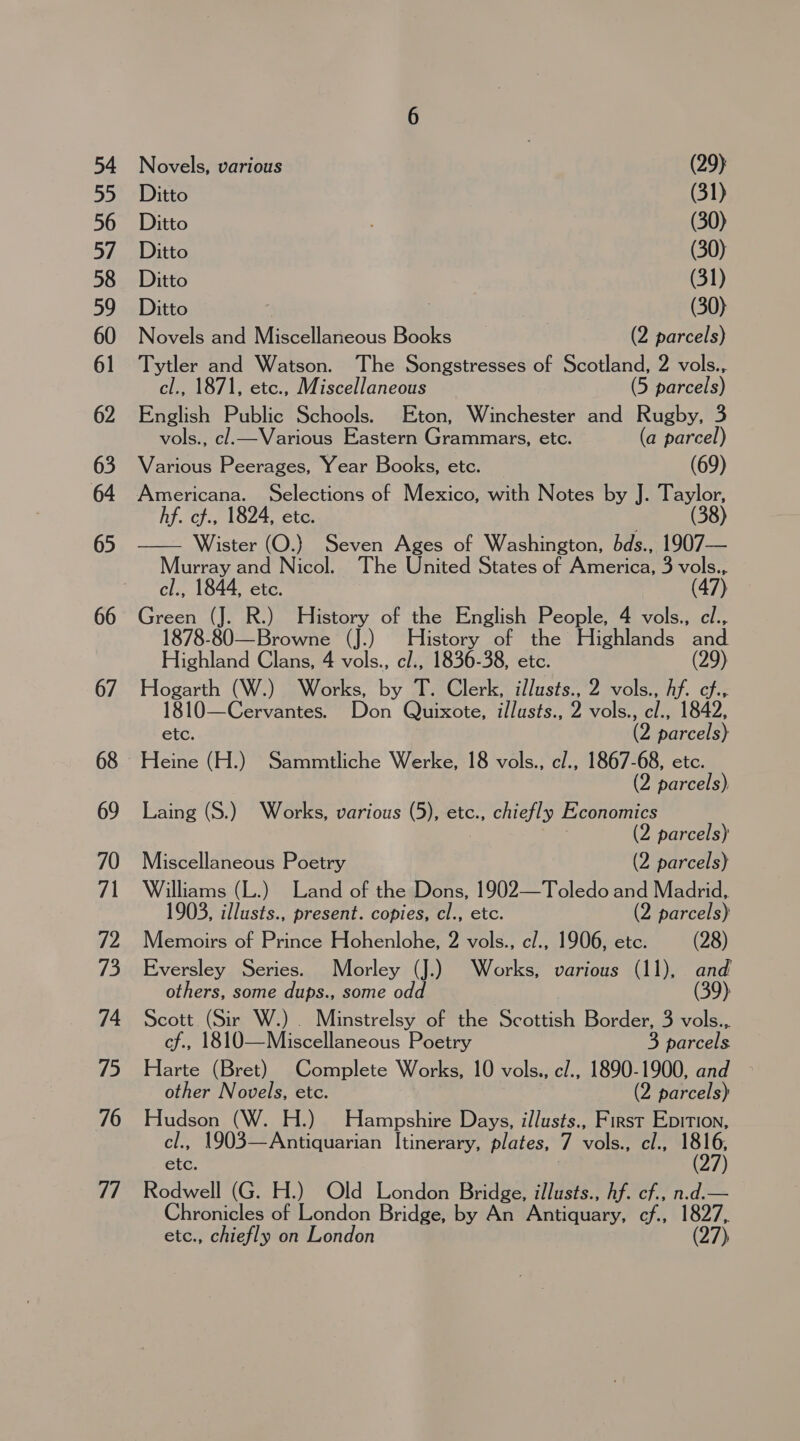 Novels, various (29} Ditto (31) Ditto (30) Ditto (30) Ditto (31) Ditto 7 (30) Novels and Miscellaneous Books (2 parcels) Tytler and Watson. The Songstresses of Scotland, 2 vols., cl., 1871, etc., Miscellaneous (5 parcels) English Public Schools. Eton, Winchester and Rugby, 3 vols., cl. Various Eastern Grammars, etc. (a parcel) Various Peerages, Year Books, etc. (69) hf. cf., 1824, ete. Wister (O.} Seven Ages of Washington, bds., 1907— Murray and Nicol. The United States of America, 3 vols., cl., 1844, etc. (47) Green (J. R.) History of the English People, 4 vols., cl., 1878-80—Browne (J.) History of the Highlands and Highland Clans, 4 vols., cl., 1836-38, etc. (29) Hogarth (W.) Works, by T. Clerk, i/lusts., 2 vols., hf. cf., 1810—Cervantes. Don Quixote, illusts., 2 vols., cl., 1842, etc (2 parcels)  (2 parcels) Laing (S.) Works, various (5), etc., chiefly Economics | (2 parcels) Miscellaneous Poetry (2 parcels) Williams (L.) Land of the Dons, 1902—Toledo and Madrid, 1903, illusts., present. copies, cl., etc. (2 parcels) Memoirs of Prince Hohenlohe, 2 vols., c/., 1906, etc. (28) Eversley Series. Morley (J.) Works, various (11), ay others, some dups., some odd Scott (Sir W.) . Minstrelsy of the Scottish Border, 3 vols., cf., 1810—Miscellaneous Poetry 3 parcels Harte (Bret) Complete Works, 10 vols., cl., 1890-1900, and other Novels, etc. (2 parcels) Hudson (W. H.) Hampshire Days, illusts., First Epirion, cl., 1903—Antiquarian Itinerary, plates, 7 vols., cl., 1816, , etc, (27) Rodwell (G. H.) Old London Bridge, illusts., hf. cf., n.d.— Chronicles of London Bridge, by An Antiquary, cf., 1827, etc., chiefly on London (27)