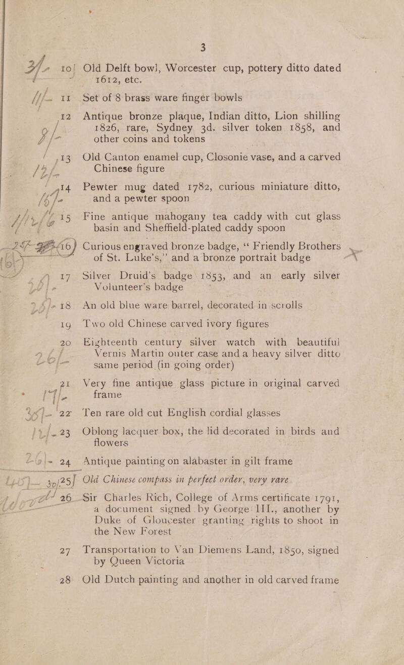  1g 20 1612, etc. Set of 8 brass ware finger bowls Antique bronze plaque, Indian ditto, Lion shilling 1826, rare, Sydney 3d. silver token 1858, and other coins and tokens Old Canton enamel cup, Closonie vase, and a carved Chinese figure Pewter mug dated 1782, curious miniature ditto, and a pewter spoon Fine antique mahogany tea caddy with cut glass basin and Sheffield-plated caddy spoon : Curious engraved bronze badge, ‘“‘ Friendly Brothers of St. Luke’s,” and a bronze portrait badge Silver Druid’s badge 1353; and an early silver Volunteer’s badge An old blue ware barrel, decorated in scrolls Two old Chinese carved ivory figures Eighteenth century silver watch with beautiful Vernis Martin outer case anda heavy silver ditto same period (in going order) Very fine antique glass picture in original carved frame Ten rare old cut English cordial glasses Oblong lacquer Dox; the lid decorated in birds and flowers 27 28 a document signed by George III., another by Duke of Gloucester granting rights to shoot in the New Forest Transportation to Van Diemens Land, 1850, signed by Queen Victoria Old Dutch painting and another in old carved frame