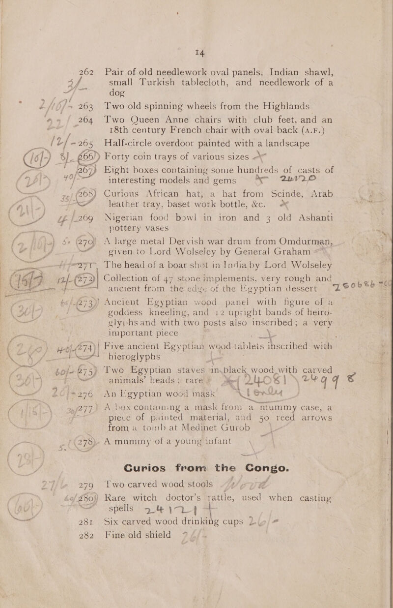 262 Pair of old needlework oval panels, Indian shawl, 4 f small Turkish tablecloth, and needlework of a fp ea z Lhh/- 263 Two old spinning wheels from the Highlands 4% / 264 Two Queen Anne chairs with club feet, and an 18th century French chair with oval back (a.r.) / 2/ - poe Half-circle overdoor painted with § a landscape ( 4. i.) &amp;. s 6)) Forty coin trays of various sizes - 67) 67) Enght boxes containing some hundreds of casts of z alk _ . . Bente ) ¢0/S&gt;— ) interesting models and gems &gt; 22 O —— 44{208) Curious African. hat} a* hat from Scinde, Arab ‘a ’ J3/-\ &gt;) iy fred a SH leather tray, baset work bottle, &amp;c. / tf}.269 Nigerian food bowl in iron and 3 old Ashanti — Tf: e peel : pottery vases fy 9) 6) Se (270) A large metal Dervish war drum from Omdurman, at we © given to Lord Wolseley by Genéral Graham’ fyewa7t The head of a boar shot in India by Lord Wolseley i ti co eh ina : cae ray Ae 4 id LED) Collection of 47 stone implements, very rough and eb Kb ancient from the edge of the Egyptian dessert ‘2  bs/.273)) Ancient Egyptian wood panel with figure of a LoUI9 i goddess kneeling, and 12 upright bands of heiro- er : elyp hs and with two posts also inscribed; a very } iniportant piece . &lt;u \ 4) wep 274) | Five ancient Egyptian wood lablets inscribed with ‘hg 5 fe hieroglyphs in tare $0/- 275) Two Egyptian staves in. Pert roeet t carved e af \\ EH animals’ heads; rare * e| DUO S|) \ 2 g a ‘ “vt 7 2 R % am | , fi : apron &amp;©)*276 An Egyptian wood mask Xt +!) path ZN) go ag7) A box containing a mask from a.mummy case, a piece of painted material, and 50 reed arrows from a tomb at Medinet Gurob o _ 7 (278). A mummy of a young infant Gurios from the Congo. 279 Two carved wood stools Wie e/ 2803) Rare witch doctor’s rattle, used when casting po spells &gt; 4 iL} + 281 Six carved wood drinking cups 2.» # 282 .Fineold shield 7 ¢/e