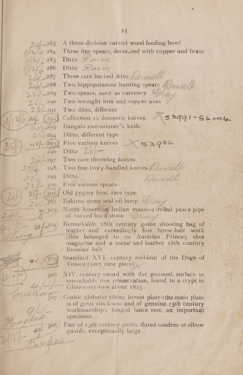 5  »///_.283 A three-division carved wood feeding bow] Vike 284 Three fine spears, decorated with copper and brass fief £285 Ditto fit /. 286 Ditto sity 287 Three rare barbed ditto . iff 233 Two hippopotamus hunting spears Me te 289 Two spears, used as currency ¢ “290 Two wrought iron and copper axes 3 S/.291 Two ditto, different re) ie) Lhe 3OL. { 292) Collection 12 domestic knives \5 SdIGQI- Sh cake g ay ai 303 Bangala executioner’s knife , 294 Ditto, differént type ‘4 4 b/- 295) Five various knives Saqe 290. Ditto , £8 pe -297 Two rare throwing knives ¥if, 298 ‘Two fine ivory- es es knives. Zé el! A 266 Ditto ne | | 95 J. 300 Five various spears 9 1) 29} -| | 401) Old pygmy bow, rare type A “g7,/ 302 Eskimo stong seal oillamp “etc sas si ~) 303) North Amer | Indian massive tribal peace pipe Ae if of carved hard stone ; ' ae 46/3 of) Remarkable 18th Seutuny game shooting bag of ° leather and exceedingly fine horse-hair work it fa (this belonged to an Austrian Prince), shot   magazine and a metal and leather 18th coneny Bosaian belt Standard XVI. century emblem of the Doge of Venice (very vare piece)\ XIV. century sword with flat pommel, surface in reinatkabls flue preservation, found in a crypt in ~Gloucestershie about 1825 Gothic globular tilting breast plate (the main plate is of great thickness and of genuine 15th century workmanship), hinged lance rest, an important specimen Pair of 15th century vothic fluted condres or elbow guards, exceptionally large