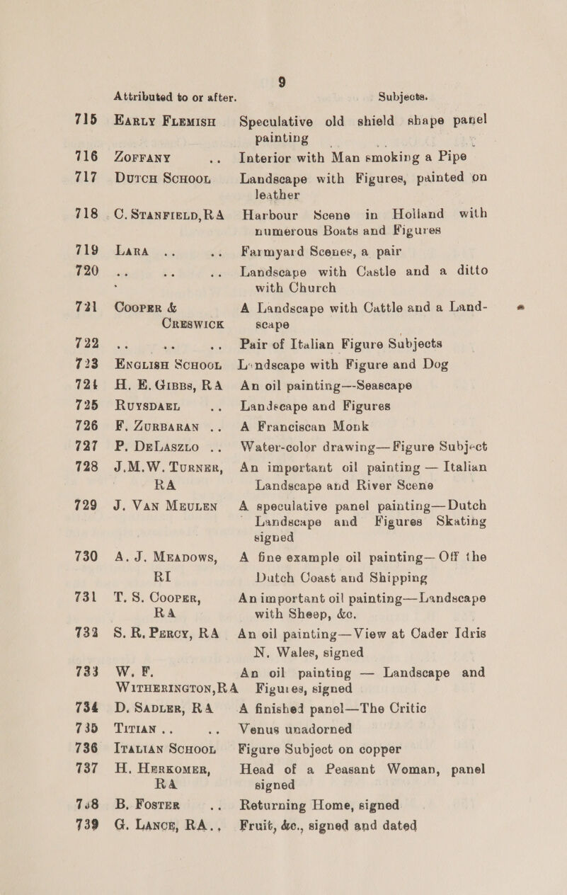 715 716 717 718 719 720 722 723 724 725 726 727 728 729 730 733 733 734 735 736 137 788 739 Earty FLEMISH - ZOFFANY DuircH ScHoon Lara CoorER &amp; Creswick EnGiisH ScHOoL H. E. Gipss, RA RuyYSDAEL FEF. ZURBARAN .. P, DeLaszyo . J.M.W. Turnur, RA J. VAN MEULEN A. J. Mrapows, RI T. 8. Coopgr, RA S. R. Percy, RA WwW. F. 9 - Subjects. Speculative old shield shape ne painting Interior with Man smoking a Pipe Landscape with Figures, painted on leather Harbour Scene in Holland with numerous Boats and Figures Farmyard Scenes, a pair Landscape with Castle and a ditto with Church A Landscape with Cattle and a Land- scape Pair of Italian Figure Subjects L:ndscape with Figure and Dog An oil painting—-Seascape Landscape and Figures A Franciscan Monk Water-color drawing— Figure Subject An important oil painting — Italian Landscape and River Scene A speculative panel painting— Dutch ' Landscape and Figures Skating signed A fine example oil painting— Off the Dutch Coast and Shipping An important oil painting— Landscape with Sheep, &amp;ec. An oil painting— View at Cader Tavis N. Wales, signed An oil painting — Landscape and D, Sapugr, RA TITIAN , ITaLiaAn ScHOOL H, Herxomer, RA B, Foster G. Lancs, RA., Venus unadorned Figure Subject on copper Head of a Peasant Woman, panel signed Returning Home, signed Fruit, &amp;e., signed and dated