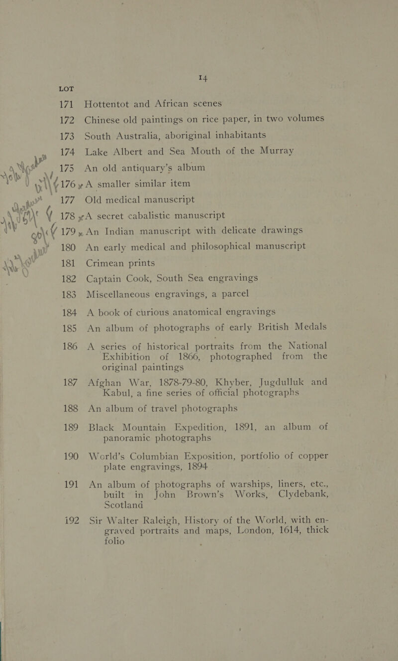 % 3 LOT 171 172 173 174 175 192 14 Hottentot and African scenes Chinese old paintings on rice paper, in two volumes South Australia, aboriginal inhabitants Lake Albert and Sea Mouth of the Murray An old antiquary’s album Old medical manuscript An early medical and philosophical manuscript Crimean prints } Captain Cook, South Sea engravings Miscellaneous engravings, a parcel A book of curious anatomical engravings An album of photographs of early British Medals A series of historical portraits from the National Exhibition of 1866, photographed from the original paintings Afghan War, 1878-79-80, Khyber, Jugdulluk and Kabul, a fine series of official photographs An album of travel photographs Black Mountain Expedition, 1891, an album of panoramic photographs World’s Columbian Exposition, portfolio of copper plate engravings, 1894 . An album of photographs of warships, liners, etc., built in John Brown’s Works, Clydebank, Scotland Sir Walter Raleigh, History of the World, with en- graved portraits and maps, London, 1614, thick folio ;