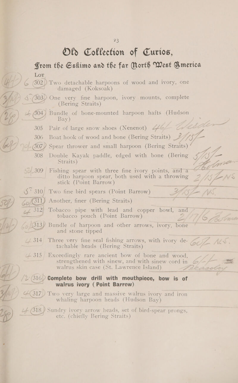ate) Olds Collection of Curtos, _ Lor G 02!) Two detachable harpoons of wood and ivory, one aaron damaged (Koksoak) 4: (303) One very fine harpoon, ivory mounts, complete tl (Bering Straits) oo 4 Bay) 305 Pair of large snow shoes (Nenenot) Zé 308 Double Kayak paddle, edged with bone (Bering Straits) \O1.309 | Fishing spear with three fine ivory points, anda ditto harpoon spear, both used with a throwing stick (Point Barrow) ‘alle tobacco pouch (Point Barrow) ex ./(313) Bundle of harpoon and other arrows, ivory, bone eet ; ° and stone tipped { 314’ Three very fine seal fishing arrows, with ivory de- tachable heads (Bering Straits) tf 315/ Pxceedingly rare ancient bow of bone and wood, strengthened with sinew, and with sinew cord in walrus skin case (St. Lawrence Island) walrus ivory (Point Barrow) whaling harpoon heads (Hudson Bay) etc, (chietly Berne Straits) 4 — f aw A ye A \ 4 J , 4 / 4 / WY oy r f of # wo CTO p? oe oC f . ef a Ts - {is ad 27 — , Pa ji