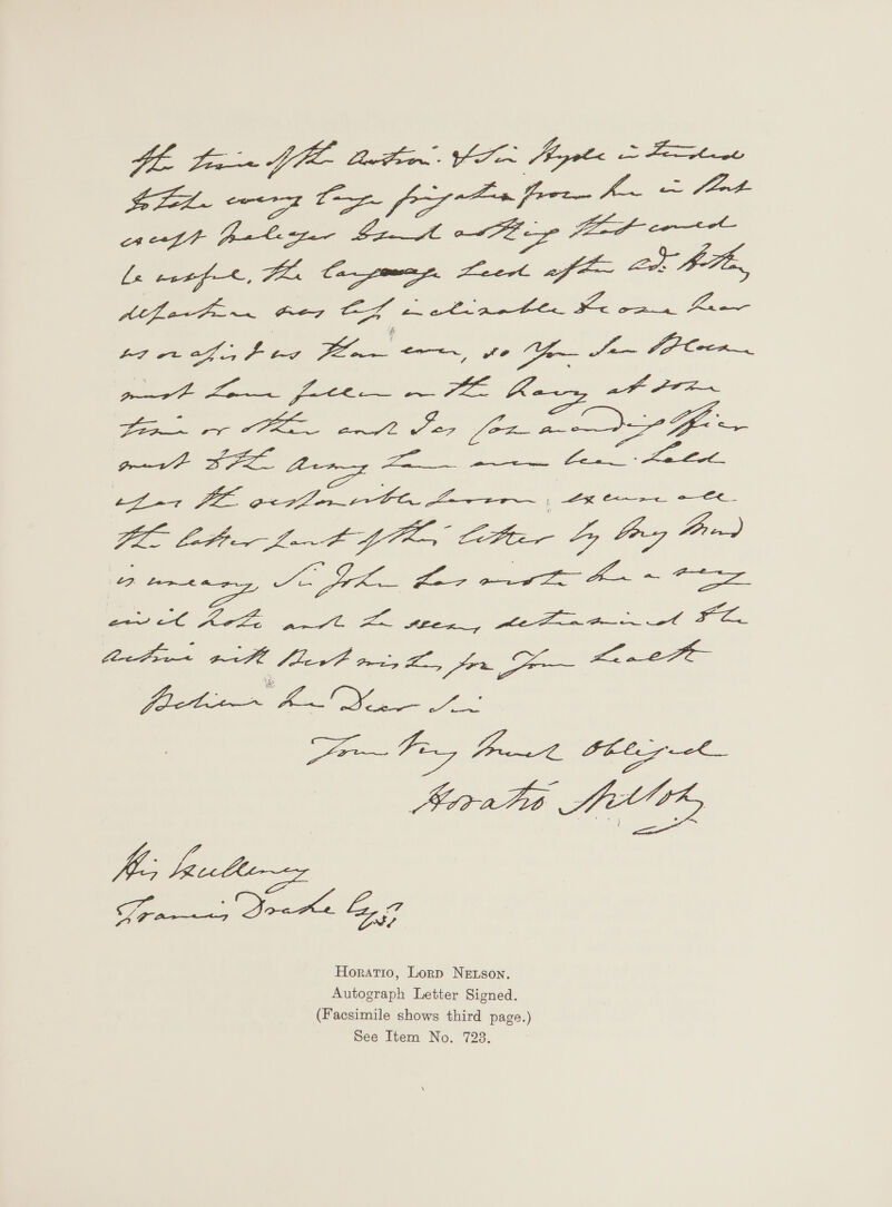 JIE Lath La Af Po 4p Foz oy) Je ce es a, men ee Horatio, Lorp Netson. Autograph Letter Signed. (Facsimile shows third page.) See Item No. 7238.