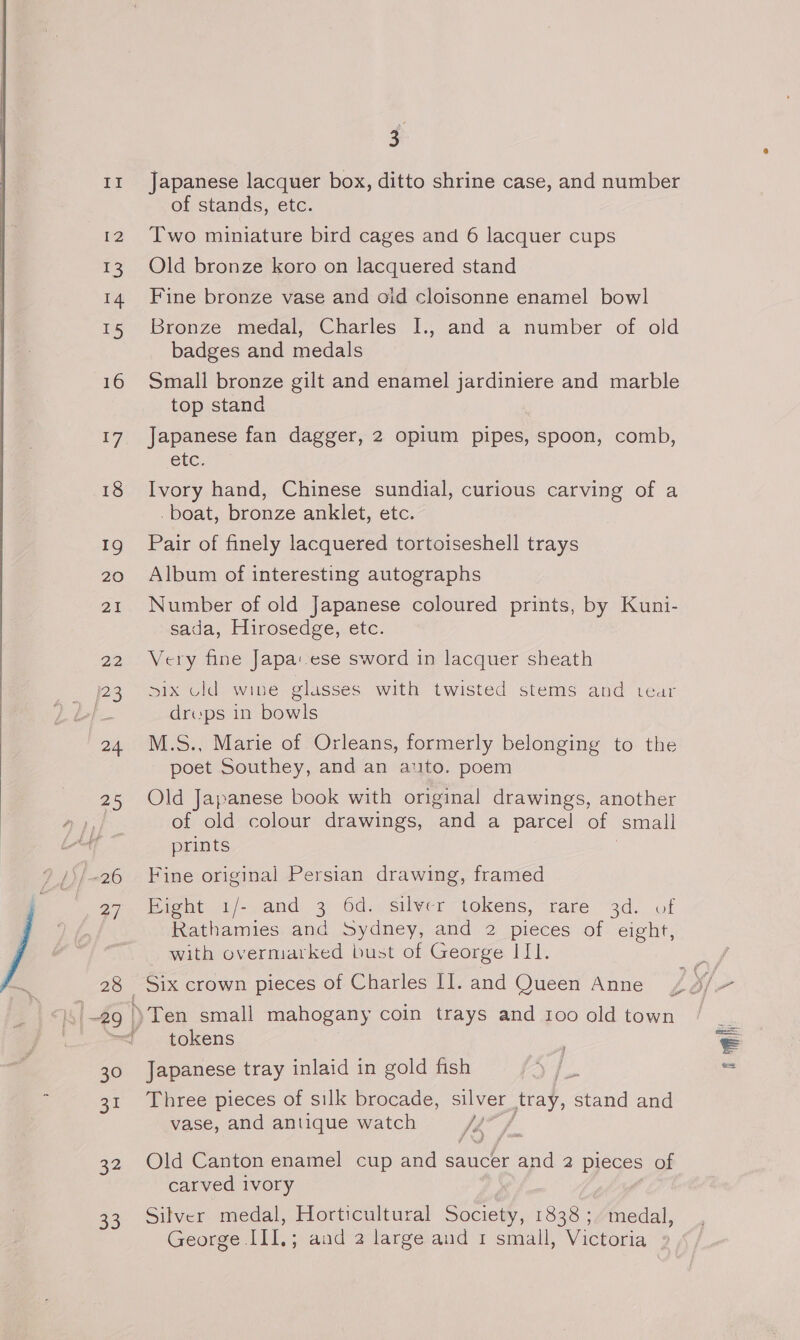 If eZ 13 14 15 17 18 19 20 21 Z2 _ 3 24, 25 if 27 28 30 31 32 oe) { Japanese lacquer box, ditto shrine case, and number of stands, etc. Two miniature bird cages and 6 lacquer cups Old bronze koro on lacquered stand Fine bronze vase and oid cloisonne enamel bowl Bronze medal, Charles I., and a number of old badges and medals Small bronze gilt and enamel jardiniere and marble top stand Japanese fan dagger, 2 opium pipes, spoon, comb, etc. Ivory hand, Chinese sundial, curious carving of a .boat, bronze anklet, etc. Pair of finely lacquered tortoiseshell trays Album of interesting autographs Number of old Japanese coloured prints, by Kuni- sada, Hirosedge, etc. Very fine Japa: ese sword in lacquer sheath &gt;ix cld wine glasses with twisted stems and icar drups in bowls M.S., Marie of Orleans, formerly belonging to the poet Southey, and an auto. poem Old Japanese book with original drawings, another of old colour drawings, and a parcel of small prints Fine original Persian drawing, framed Eight 1/- and 3 6d. silver tokens, rare 3d. of Rathamies and Sydney, and 2 pieces of eight, with overmarked bust of George III. Six crown pieces of Charles 11]. and Queen Anne a tokens Japanese tray inlaid in gold fish : Three pieces of silk brocade, silver tray, stand and vase, and antique watch SL) Old Canton enamel cup and ee and 2 pieces of carved ivory Silver medal, Horticultural Society, 1838 ;, medal,