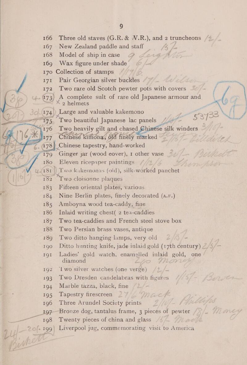 166 Three old staves (G.R. &amp; W.R.), and 2 ioumenc ons 167 New Zealand paddle and a ae 168 Modelof shipincase &amp; bert ( 169 Wax figure under shade i 170 Collection of stamps ~ | 171 Pair Georgian silver buckles 172 Two rare old Scotch pewter pots with covers . £73) A complete sult of rare old Japanese armour and —&lt; X 2 helmets ey. 174, Large and valuable kakemono  me “T75 Two beautiful Japanese lac panels / : 4176 Two heavily gilt and chased Chinese Sse ‘silk winders sue 077 (Giowes Kimonay old finely Rirked'  api Chinese tapestry, hand-worked ra 179 Ginger ) jar (wood eover), 1 other vase 180 Eleven ricepaper paintings u/18r) Two kikemonas (old), silk-worked panchet 182 Two cloisonne plaques 183 Fifteen oriental plates, various 184 Nine Berlin plates, finely decorated (a.r.) 185 Amboyna wood tea-caddy, fine 186 Inlaid writing chest( 2 tea-caddies 187 Two tea-caddies and French steel stove box 188 Two Persian brass vases, antique 189 Two ditto hanging lamps, very old 190 =6Ditto hunting knife, jade inlaid gold (17th century) “3 191 Ladies’ gold watch, ename slled inlaid gold, one diamond 192 ‘lwo silver watches (one ee 193 Two Dresden candelabras with figures 194 Marble tazza, black, fine 195 Tapestry firescreen 196 Three Arundel Society prints _197--Bronze dog, tantalus frame, 3 pieces of pewter ie 198 Twenty pieces of china and glass 199} Liverpool jug, commemorating visit to America