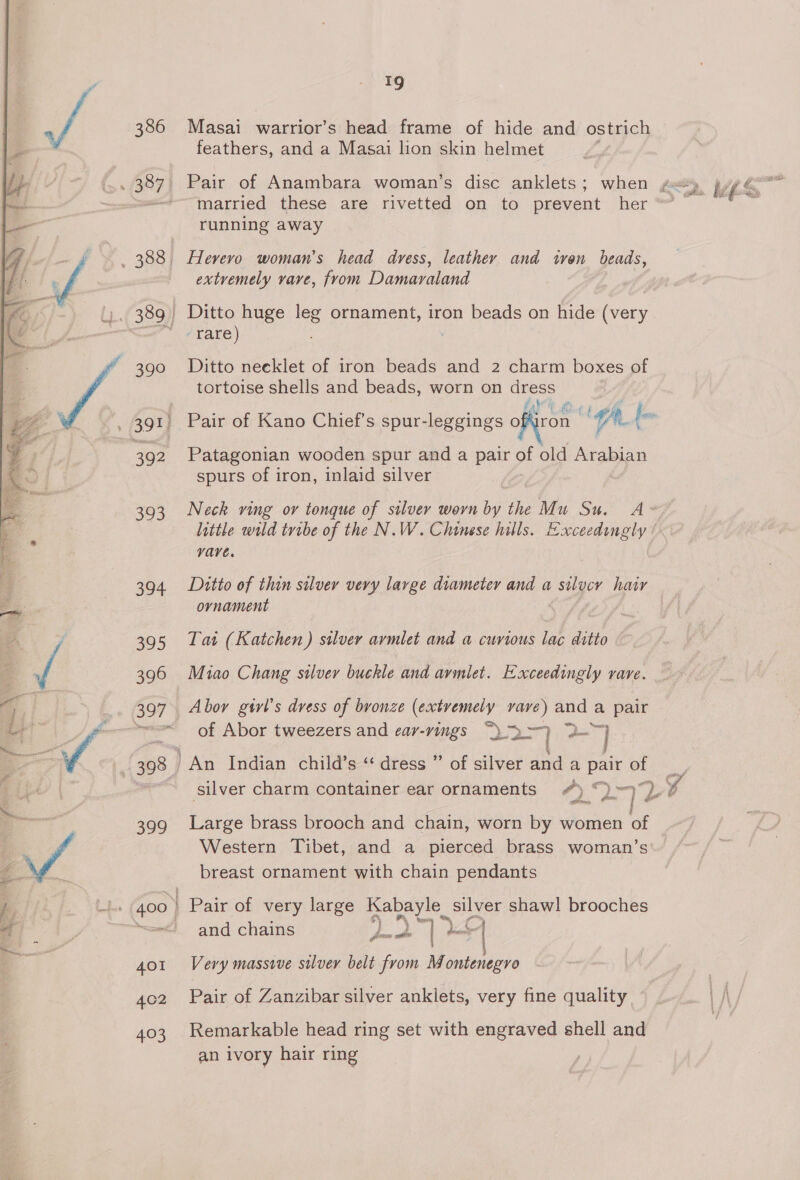  386 399 392 393 S04 395 396 399 401 402 403 19 Masai warrior’s head frame of hide and ostrich feathers, and a Masai lion skin helmet running away Herero womans head dress, leathery and ten beads, extremely vave, from Damaraland Ditto huge leg ornament, iron beads on hide (very rare) Ditto neeklet of iron beads and 2 charm boxes of tortoise shells and beads, worn on sey Patagonian wooden spur and a pair of old Arabian spurs of iron, inlaid silver little wild tribe of the N.W. Chinese hills. E-xceedingly vave. Ditto of thin silver very large diameter and a sua hair oyvnament | Tat (Katchen) silver armlet and a curious lac ai, Miao Chang silver buckle and armlet. E-xceedingly rave. Abor gtrl’s dvess of bronze (extvemely vave) and a pair of Abor tweezers and ear-vings ie ieee ig eas An Indian child’s ‘“‘ dress ” of silver and a pair of Large brass brooch and chain, worn by women of Western Tibet, and a pierced brass woman’s breast ornament with chain pendants Pair of very large Kabayle ees shawl brooches and chains | j sox tieel @ Died |: 7 Very massive silver belt from M ontenegvo Pair of Zanzibar silver anklets, very fine quality Remarkable head ring set with engraved shell and an ivory hair ring
