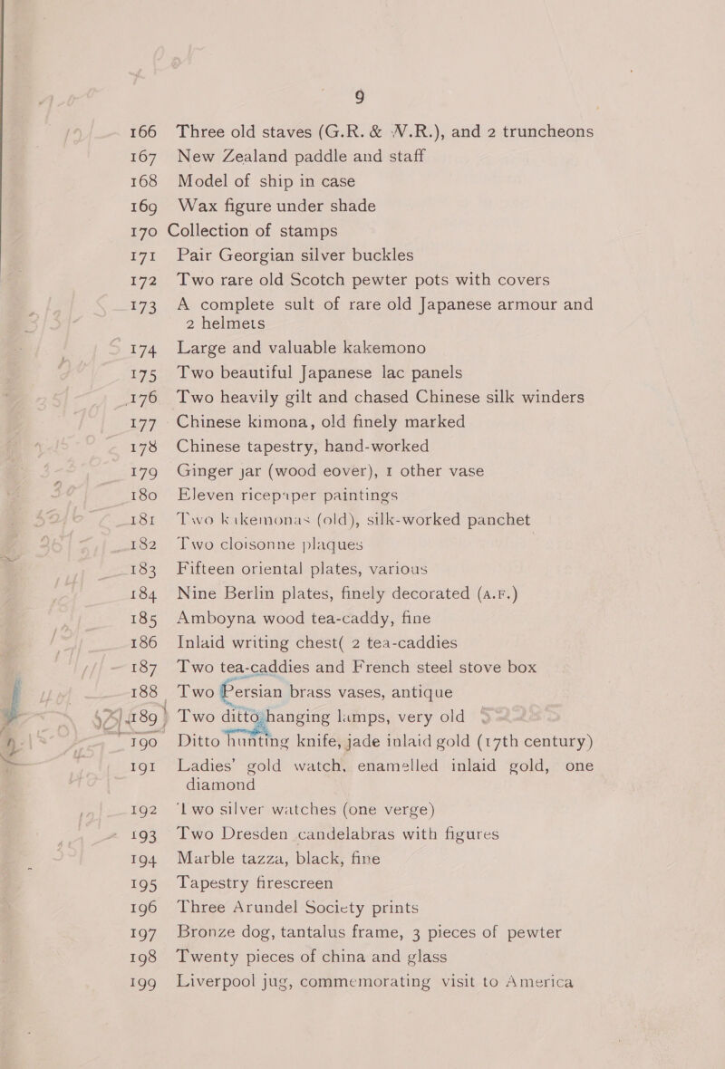 166 167 168 169 170 Lat 172 173 =: a 176 | 178 iS) 180 Lot 182 183 184 185 186 187 1gI Ig2 193 194 195 196 197 198 Lo) 9 Three old staves (G.R. &amp; N.R.), and 2 truncheons New Zealand paddle and staff Model of ship in case Wax figure under shade Pair Georgian silver buckles Two rare old Scotch pewter pots with covers A complete sult of rare old Japanese armour and 2 helmets Large and valuable kakemono Two beautiful Japanese lac panels Chinese kimona, old finely marked Chinese tapestry, hand-worked Ginger jar (wood eover), 1 other vase Eleven ricepaper paintings Two kikemonas (old), silk-worked panchet Two cloisonne plaques Fifteen oriental plates, various Nine Berlin plates, finely decorated (a.Fr.) Amboyna wood tea-caddy, fine Inlaid writing chest( 2 tea-caddies Two tea-caddies and French steel stove box Two Persian brass vases, antique Two ditto. hanging lamps, very old Ditto hunting knife, jade inlaid gold (t7th century) Ladies’ gold watch, enamelled inlaid gold, one diamond ‘Lwo silver watches (one verge) Two Dresden candelabras with figures Marble tazza, black, fine Tapestry firescreen Three Arundel Society prints Bronze dog, tantalus frame, 3 pieces of pewter Twenty pieces of china and glass Liverpool jug, commemorating visit to America