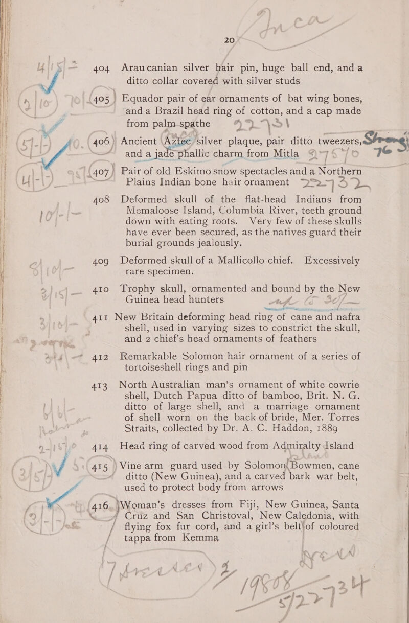 ?} 404 Araucanian silver hair pin, huge ball end, anda ditto collar covered with silver studs anda Brazil head ring of Sok and a cap made from palm spathe 6 Tey “\~ &gt; \ P if and a jade phallic charm from Mitla goes ] a ee 408 Deformed skull of the flat-head Indians from Memaloose Island, Columbia River, teeth ground down with eating roots. Very few of these skulls have ever been secured, as the natives guard their burial grounds jealously. Plains Indian bone hair ornament 409 Deformed skull of a Mallicollo chief. Excessively rare specimen. 410 Trophy skull, ornamented and pone Dia the: New Guinea neal hunters rich BS 411 New Britain deforming head sore me cane and nate shell, used in varying sizes to constrict the skull, and 2 chief’s head ornaments of feathers 412 Remarkable Solomon hair ornament of a series of tortoiseshell rings and pin 413 North Australian man’s ornament of white cowrie shell, Dutch Papua ditto of bamboo, Brit. N. G. ditto of large shell, and a marriage ornament of shell worn on the back of bride, Mer. Torres Straits, collected by Dr. A. C. Haddon, 1889 15 )Vine arm guard used by Solomon Bowmen, cane ditto (New Guinea), and a carved bark war belt, used to protect body from arrows (76 pfgman’ s dresses from Fii, New Guinea, Santa Cruz and San Christoval, New Caledonia, with / flying fox fur cord, and a girl’s belt'of coloured tappa from Kemma