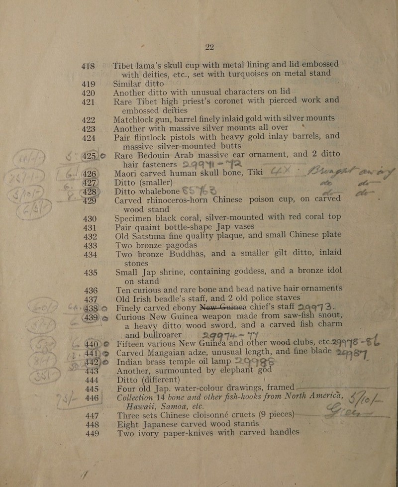at with deities, etc., set with turquoises on metal stand Similar ditto Another ditto with unusual characters on lid Rare Tibet high priest’s coronet with pierced work and embossed deities Matchlock gun, barrel finely inlaid gold with silver mounts Another with massive silver mounts all over * Pair flintlock pistols with heavy gold inlay barrels, ae massive silver-mounted butts Rare Bedouin Arab massive ear ornament, and 2 ditto hair fasteners S.GQQ™i = “Fae Maori carved human skull bone, Tiki “¢*~ ° pte agen Ditto (smaller) | bial 4 ote Ditto. whalebone ©! “‘f» % , Carved rhinoceros- horn Chinese poison cup, on cata - wood stand Specimen black coral, silver-mounted with red coral top Pair quaint bottle-shape Jap vases Old Satsuma fine quality plaque, and small Chinese plate Two bronze pagodas Two bronze Buddhas, and a smaller gilt ditto, inlaid stones Small Jap shrine, containing goddess, and a bronze idol on stand Old Irish beadle’s staff, and 2 old police staves Finely carved ebony New-Guinea chief's staff at 2 Curious New Guinea weapon made from saw-fish snout, a heavy ditto wood sword, ie a carved fish charm _and bullroarer Aq Indian brass temple oil lamp G9 @'s Another, surmounted by elephant Be Ditto (different) Four old Jap. water-colour drawings, ‘jee facet Hawai, Samoa, etc. Eight Japanese carved wood stands. Two ivory paper-knives with carved handles -_ Oy, 