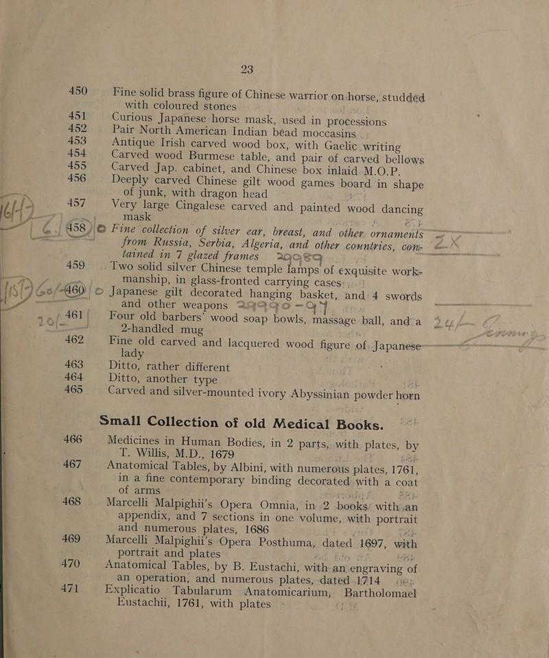450 Fine solid brass figure of Chinese warrior on horse, studded with coloured stones | a 451 Curious Japanese horse mask, used in processions 452 Pair North American Indian béad moccasins * 453 Antique Irish carved wood box, with Gaelic writing 454 Carved wood Burmese table, and pair of carved bellows 455 Carved Jap. cabinet, and Chinese box inlaid: M.O.P. 456 Deeply carved Chinese gilt wood games board in shape aes of junk, with dragon head oy Nd | {2 on. AOT Very ee Cingalese carved and painted wood dancing a) £- a mas PRT OR ae ‘| . 458, © Fine collection of silver ear, breast, and other. ornaments’ a aii from Russia, Serbia, Algeria, and other countries, con- é tained in 7 glazed frames AGG sy ; Iwo solid silver Chinese temple lamps of exquisite work- Xe manship, in glass-fronted carrying cases: ,. )' © Japanese gilt decorated hanging basket, and 4 swords and other weapons 24Q4 0 —-Q* Four old barbers’ wood soap bowls, massage ball, and’a 2-handled mug i cortte Fine old carved and lacquered wood figure of, Japanese~ lady AP Say : Ditto, rather different Ditto, another type pled ay : Carved and silver-mounted ivory Abyssinian powder horn Small Collection of old Medical Books. Medicines in Human Bodies, in 2 parts,, with plates, by T. Willis, M.D., 1679 ws Lag. Anatomical Tables, by Albini, with numerous plates, 1761, in a fine contemporary binding decorated with a coat of arms tral? nei Marcelli Malpighii’s Opera Omnia, in 2 books’ with an appendix, and 7 sections in one volume, with portrait and numerous plates, 1686 ‘ees ae Marcelli Malpighii’s Opera Posthuma, dated 1697, with portrait and plates tel ble x aes Anatomical Tables, by B. Eustachi, with an engraving of an operation, and numerous plates, dated 1714 9 6: Explicatio Tabularum ‘Anatomicarium, Bartholomael _ Eustachii, 1761, with plates ae 