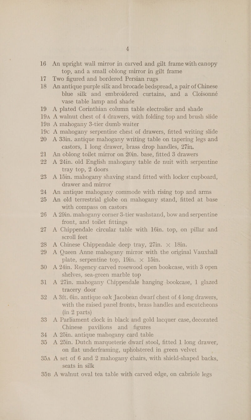 16 17 18 19 4. An upright wall mirror in carved and gilt frame with canopy top, and a small oblong mirror in gilt frame Two figured and bordered Persian rugs An antique purple silk and brocade bedspread, a pair of Chinese blue silk and embroidered curtains, and a Cloisonné vase table lamp and shade A plated Corinthian column table electrolier and shade 20 21 22 23 24 25 26 27 28 29 30 ol 32 33 34 35 A 33in. antique mahogany writing table on tapering legs and castors, 1 long drawer, brass drop handles, 27in. An oblong toilet mirror on 20in. base, fitted 3 drawers A 24in. old English mahogany table de nuit with serpentine tray top, 2 doors A 15in. mahogany shaving stand fitted with locker cupboard, drawer and mirror An antique mahogany commode with rising top and arms An old terrestrial globe on mahogany stand, fitted at base with compass on castors A 29in. mahogany corner 3-tier washstand, bow and serpentine front, and toilet fittings A Chippendale circular table with 16in. top, on pillar and scroll feet A Chinese Chippendale deep tray, 27in. x 18in. A Queen Anne mahogany mirror with the original Vauxhall plate, serpentine top, 19in. x 15in. A 24in. Regency carved rosewood open bookcase, with 3 open shelves, sea-green marble top A 27in. mahogany Chippendale hanging bookcase, 1 glazed tracery door A 3ft. 6in. antique oak Jacobean dwarf chest of 4 long drawers, with the raised panel fronts, brass handles and escutcheons (in 2 parts) A Parliament clock in black and gold lacquer case, decorated Chinese pavilions and figures A 25in. antique mahogany card table A 25in. Dutch marqueterie dwarf stool, fitted 1 long drawer, on flat underframing, upholstered in green velvet seats in silk